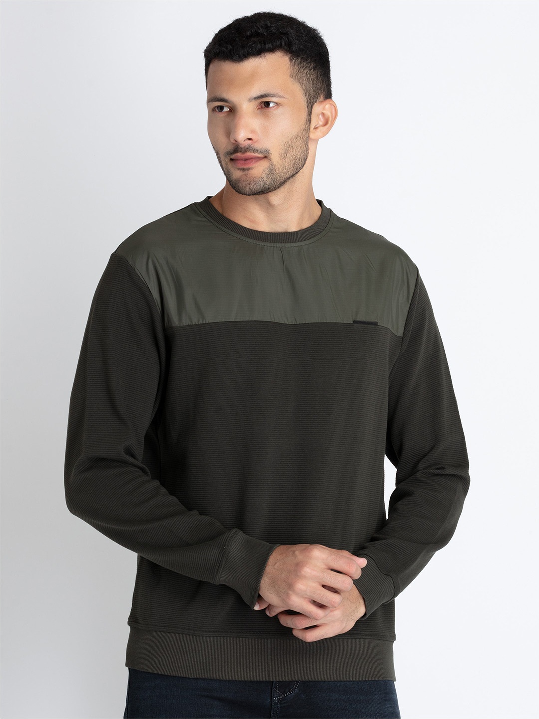 

Status Quo Horizontal Striped Design Round Neck Cotton Pullover, Olive