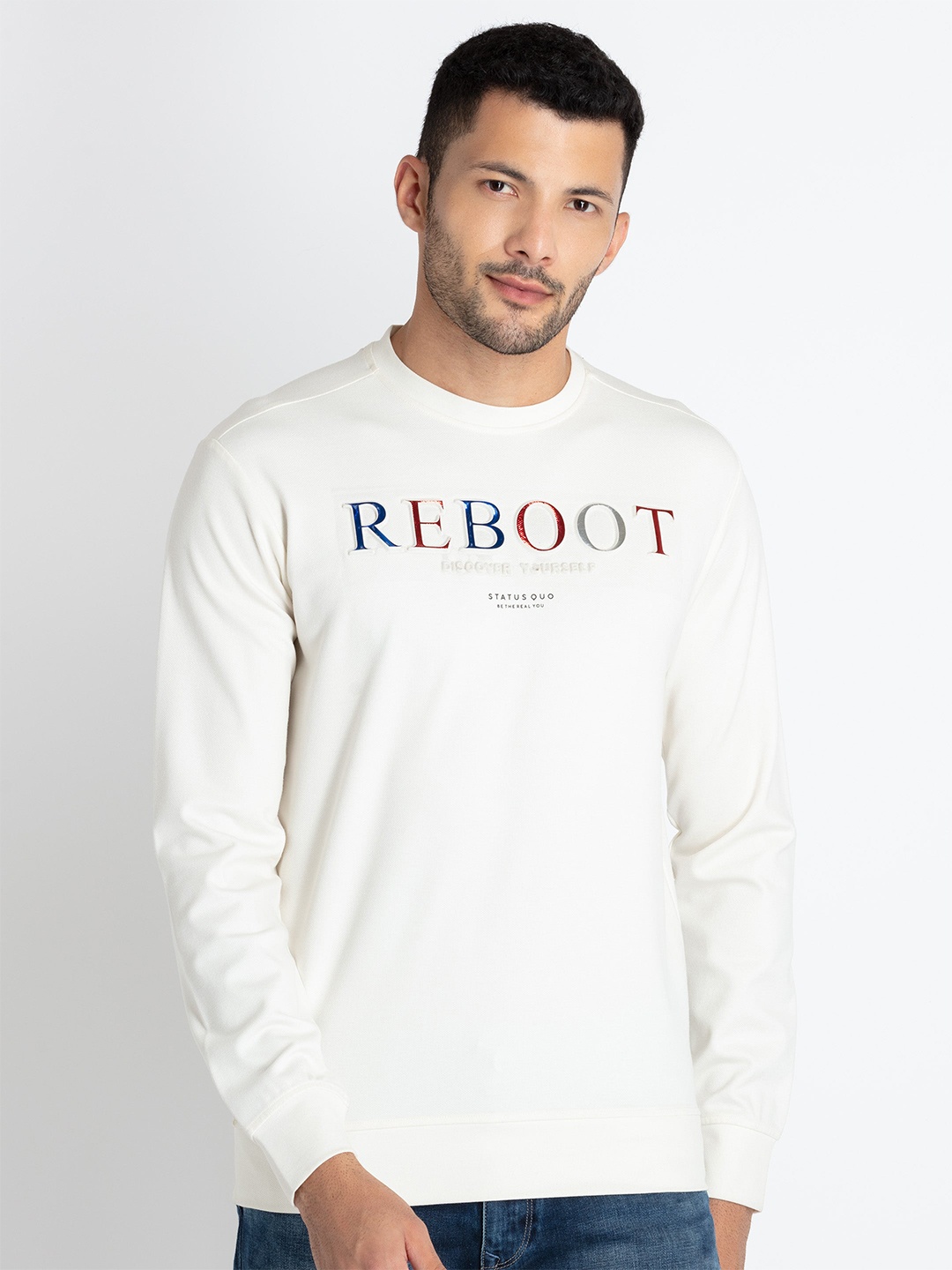 

Status Quo Typography Printed Cotton Sweatshirt, Off white