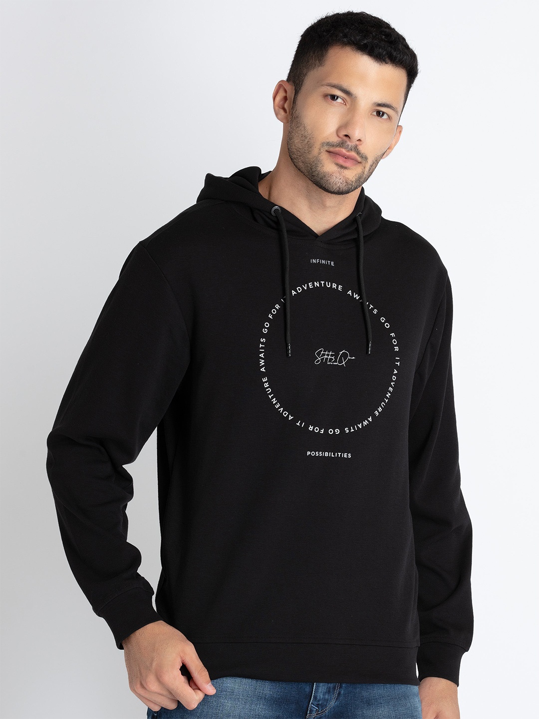 

Status Quo Typography Printed Hooded Cotton Pullover, Black