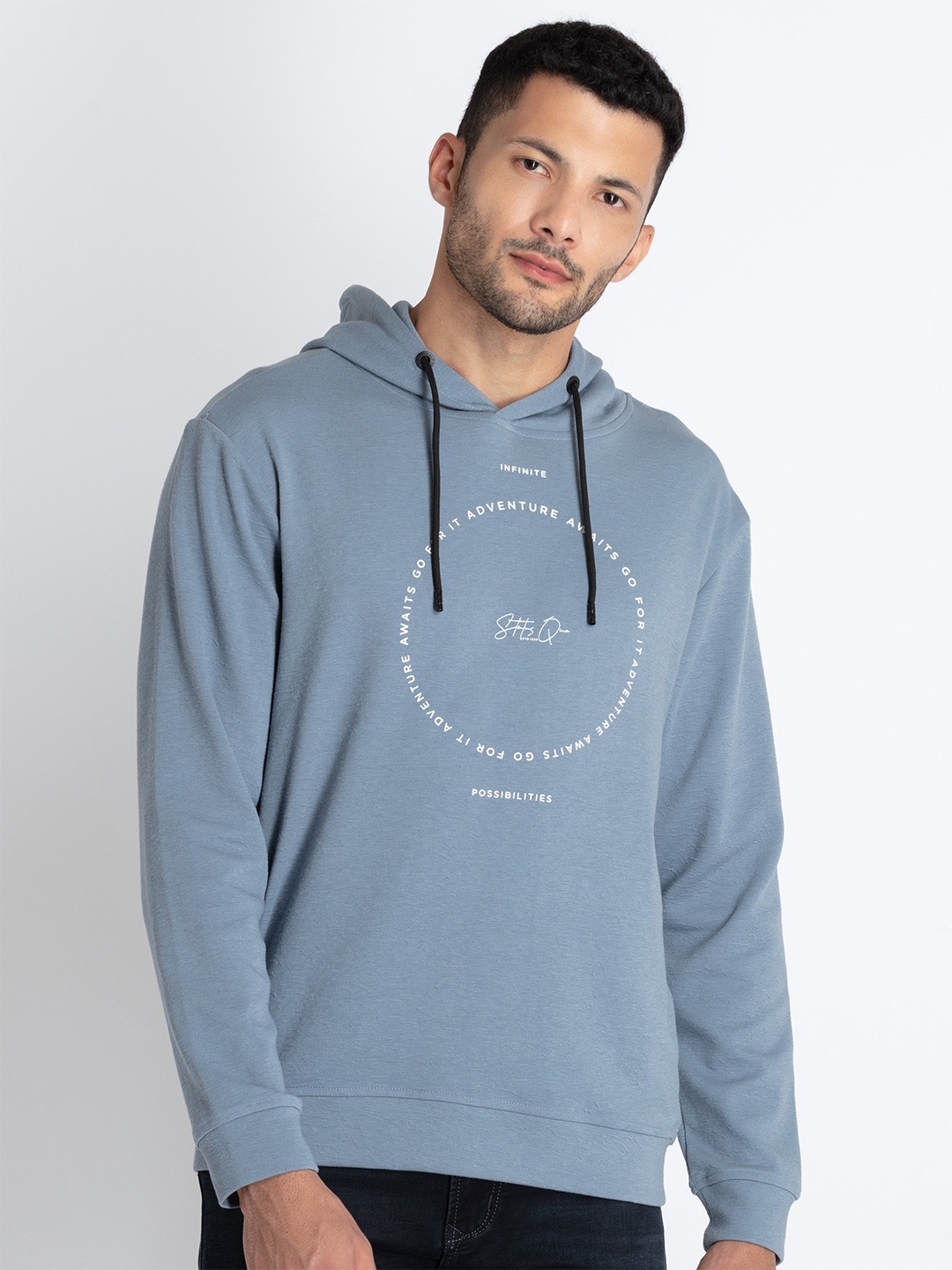

Status Quo Typography Printed Hooded Cotton Pullover, Grey