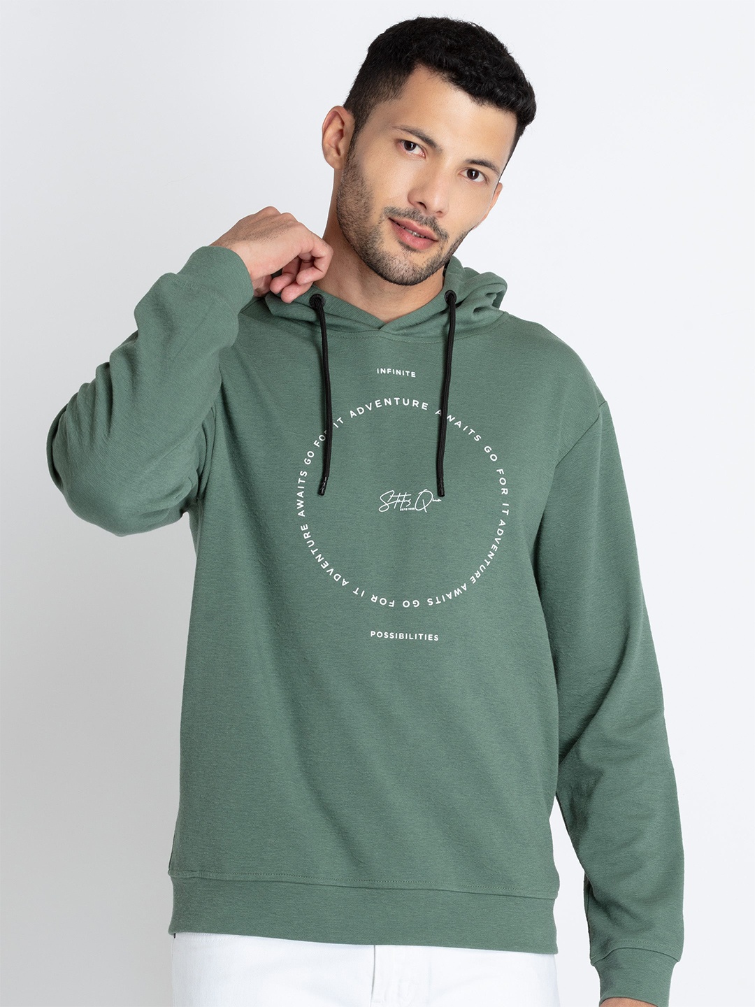 

Status Quo Typography Printed Hooded Long Sleeves Pullover, Green