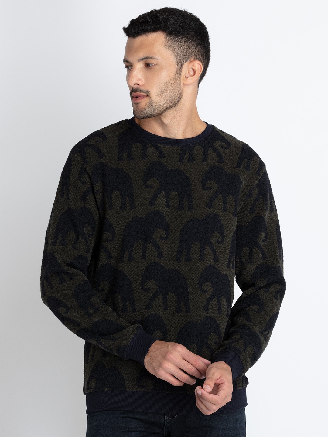 

Status Quo Elephant Printed Jacquard Lightweight Cotton Sweatshirt, Olive