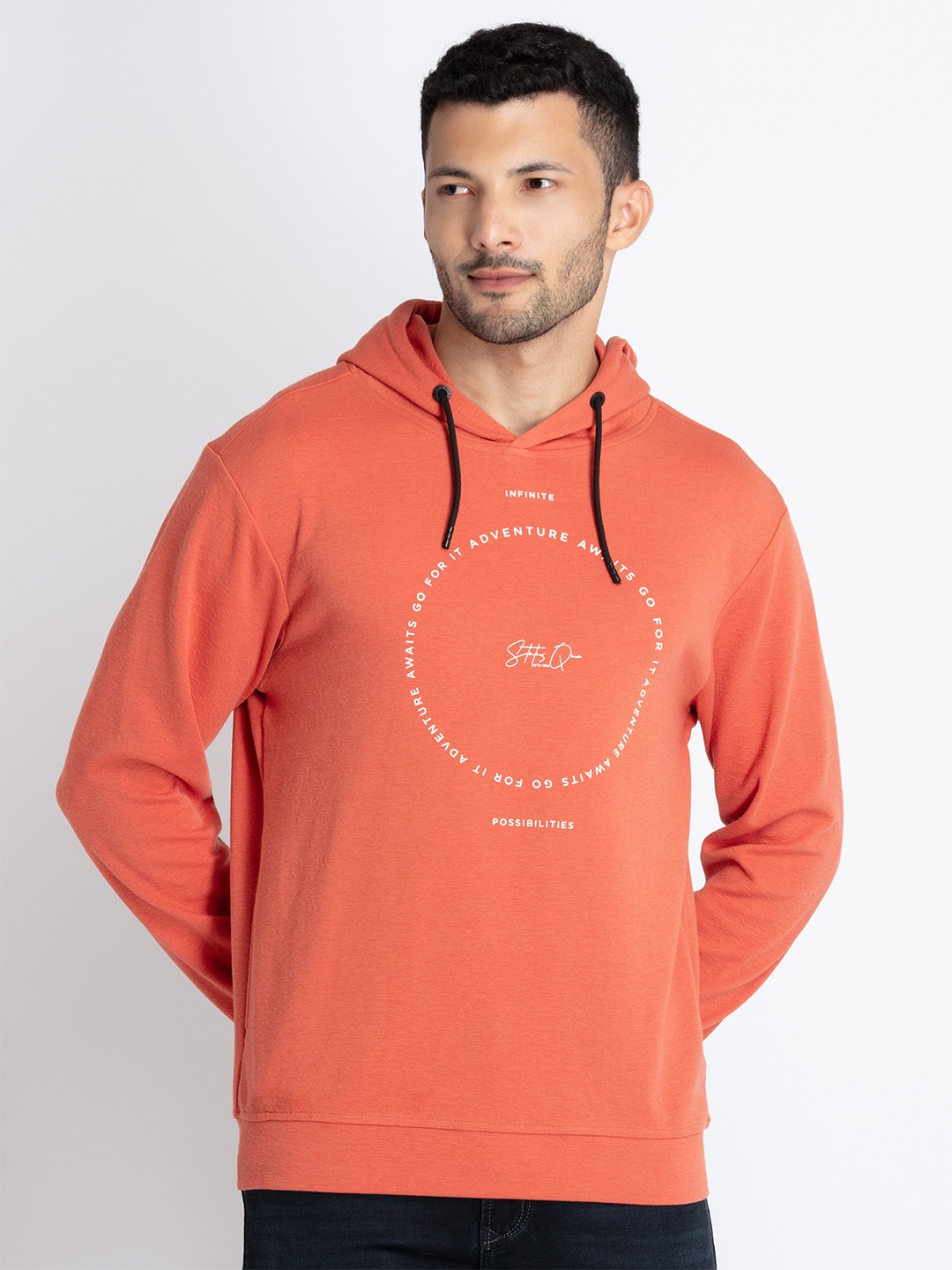 

Status Quo Typography Printed Hooded Cotton Pullover, Rust
