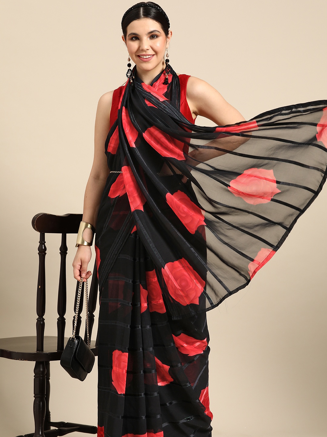 

Tikhi Imli Floral Print Saree, Black