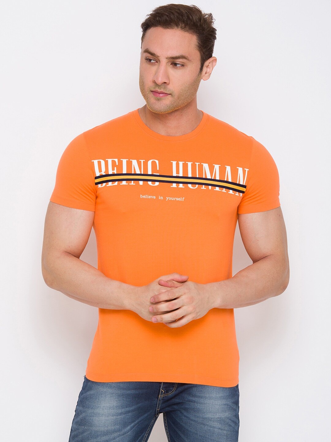 

Being Human Typography Printed Round Neck Cotton Regular T-shirt, Orange