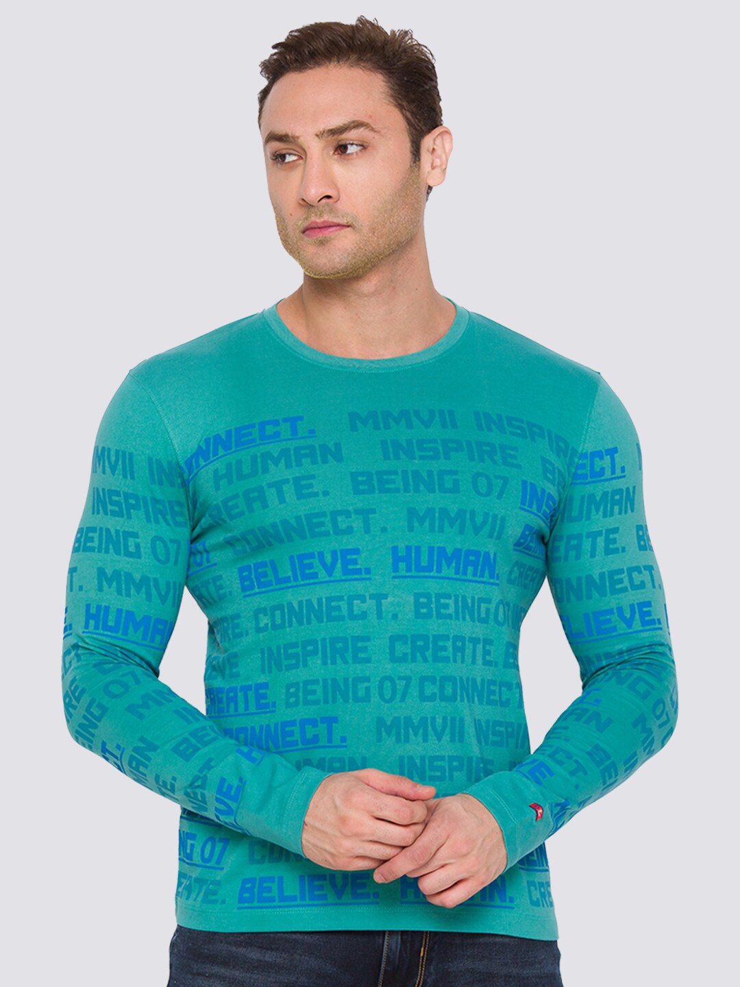 Being Human Slim Fit Typography Printed Round Neck T-shirt, Green