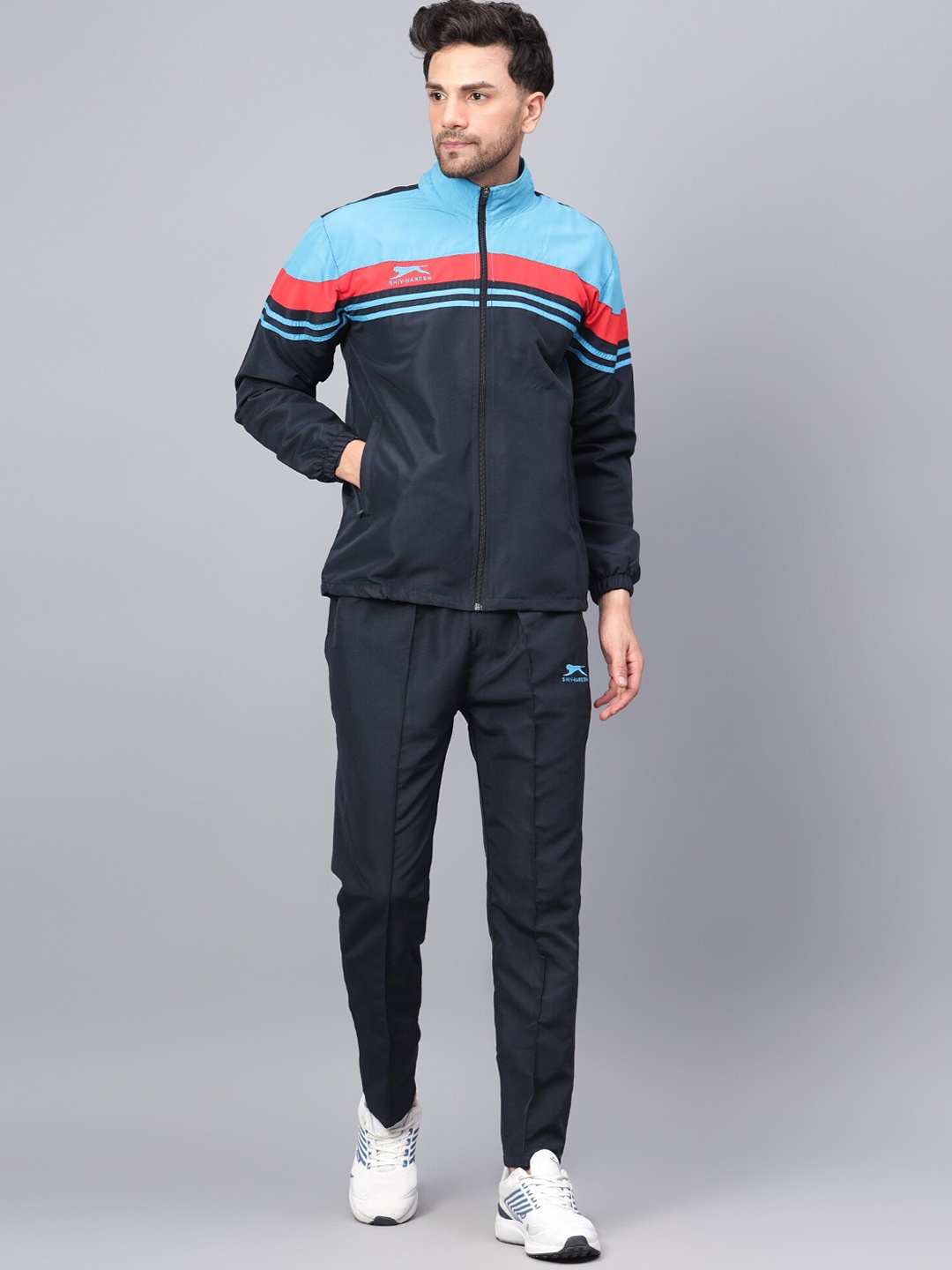 

Shiv Naresh Colourblocked Mock Collar Tracksuits, Navy blue