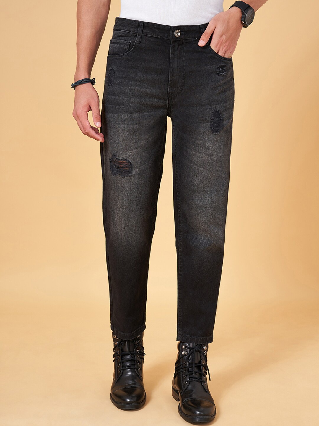 

SF JEANS by Pantaloons Men Low Distress Whiskers & Chevrons Light Fade Cropped Jeans, Black