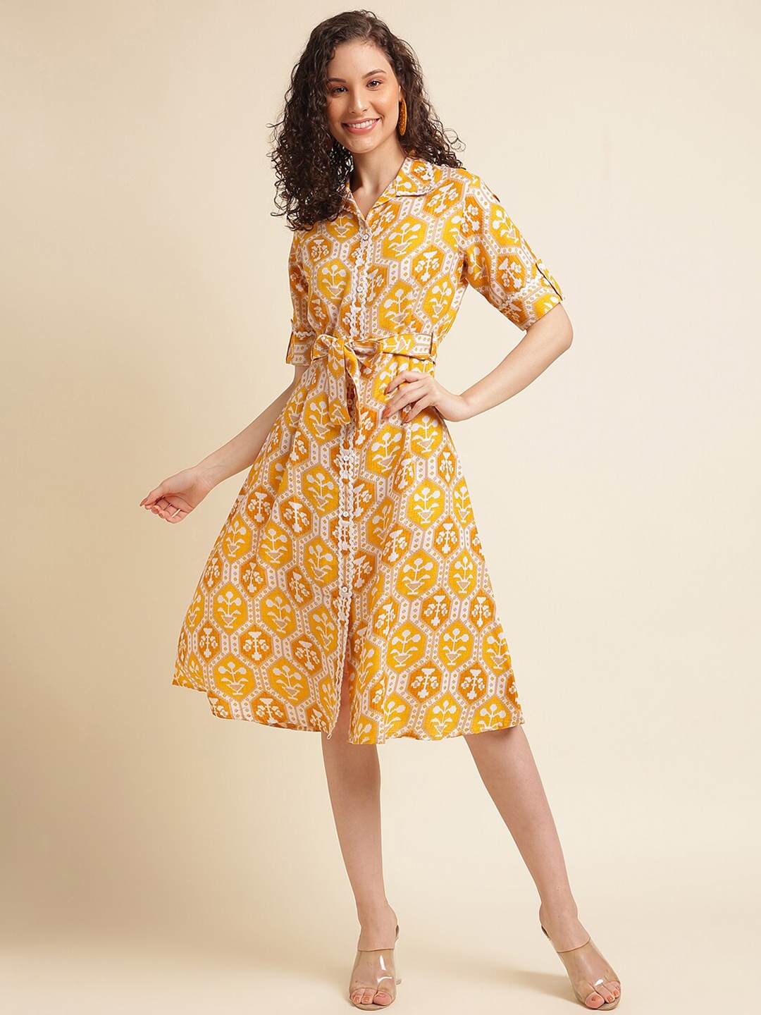 

NAINVISH Floral Printed Shirt Collar Roll-Up Sleeves Tie-Up Fit & Flare Ethnic Dress, Yellow