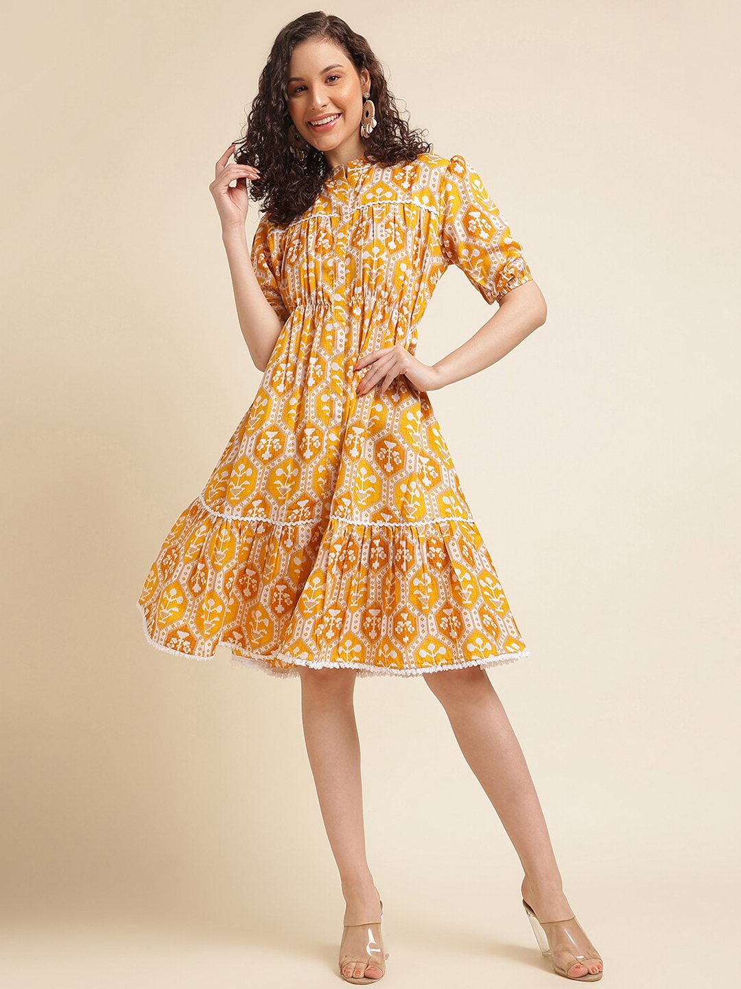 

NAINVISH Floral Printed Mandarin Collar Fit & Flared Ethnic Dresses, Yellow