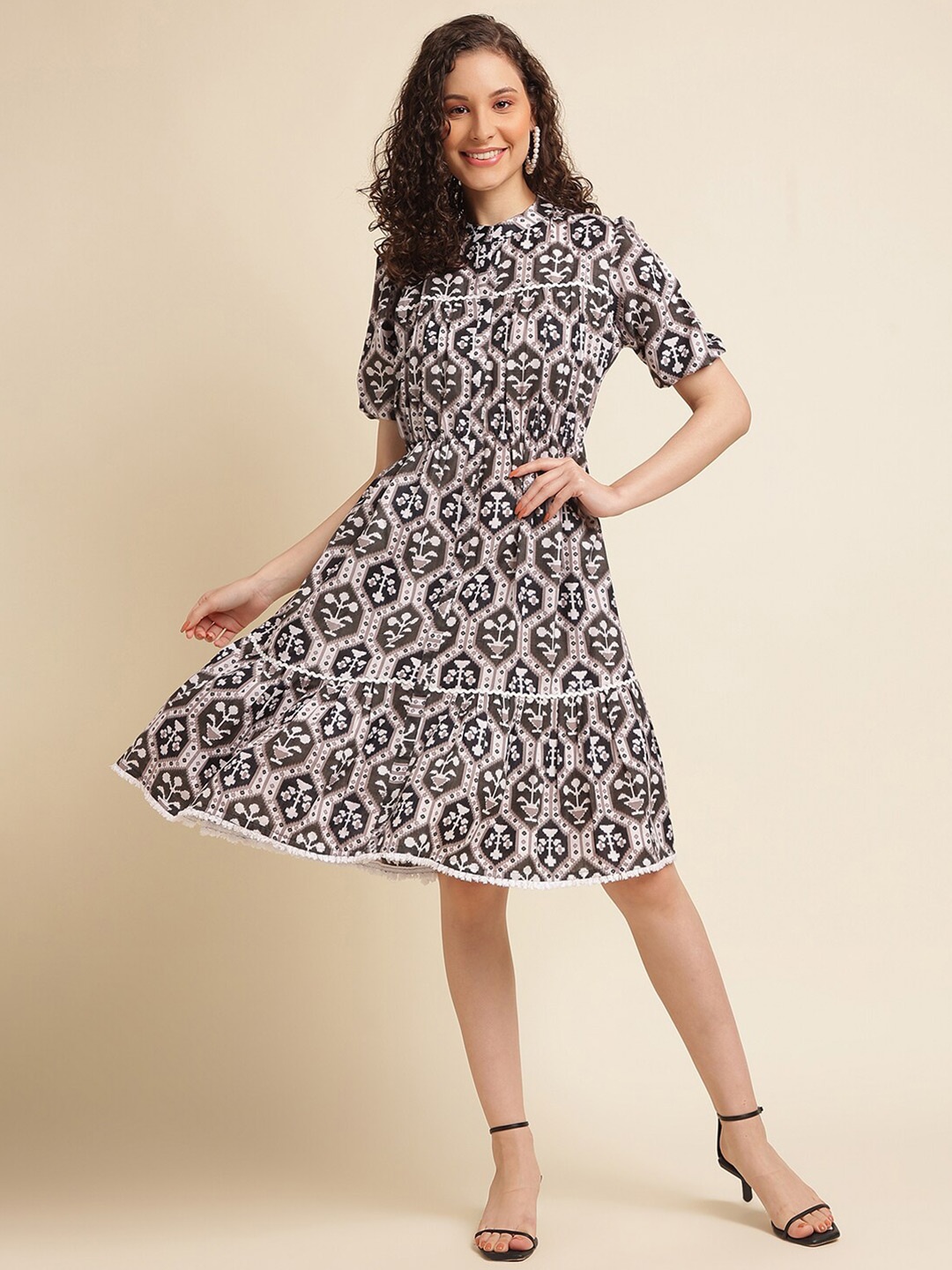 

NAINVISH Floral Printed Mandarin Collar Puff Sleeve Fit & Flare Ethnic Dresses, Brown