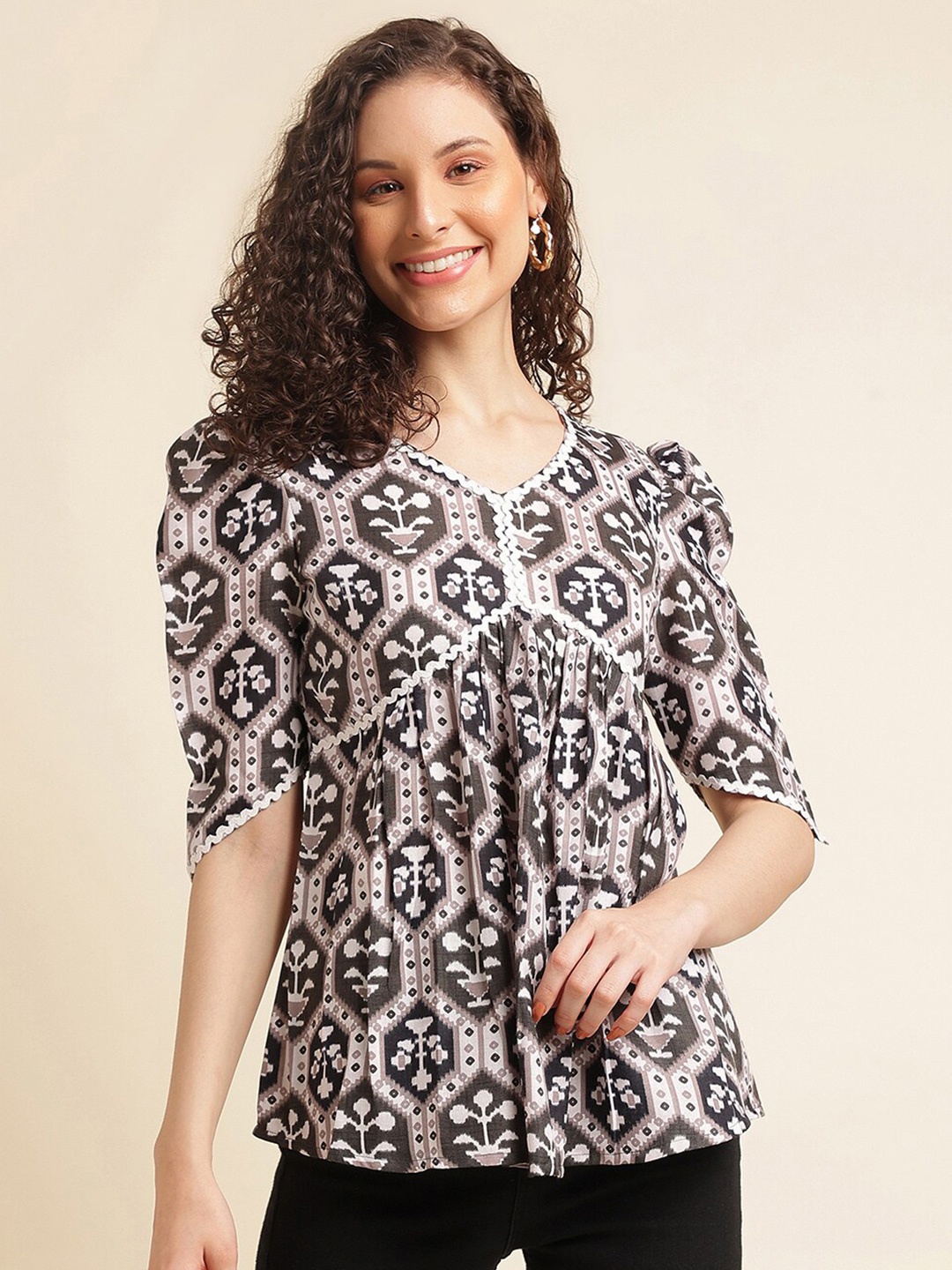 

NAINVISH Ethnic Motifs Printed Empire Top, Brown