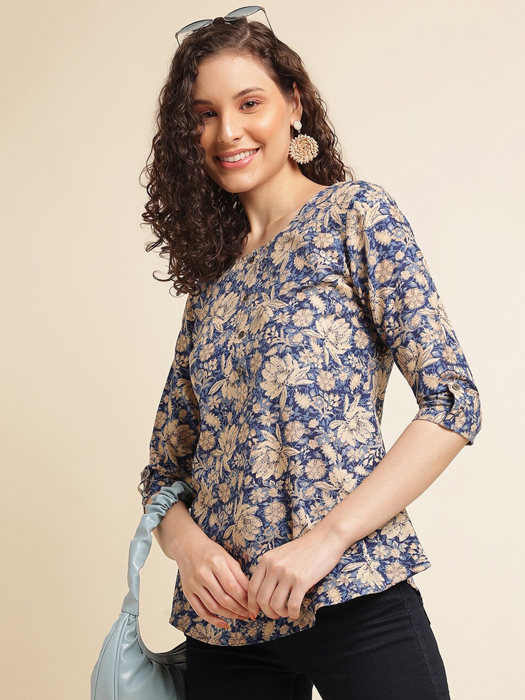 

NAINVISH Floral Printed Round Neck Shirt Style Top, Blue