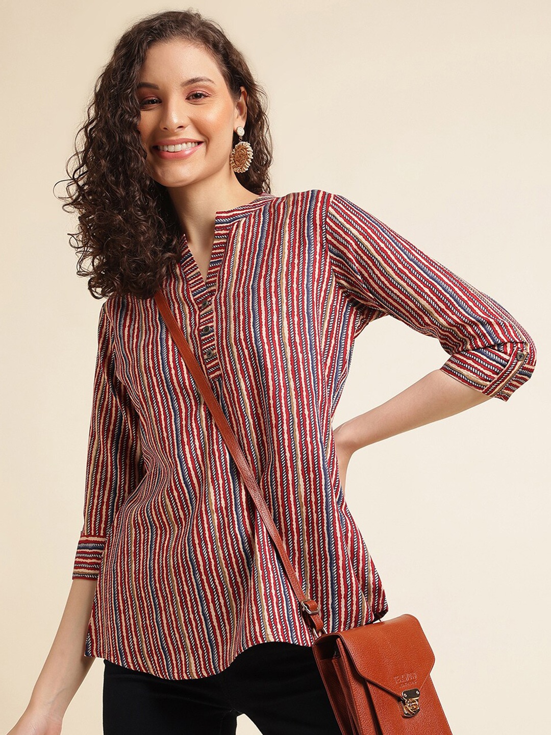 

NAINVISH Striped Mandarin Collar Top, Red