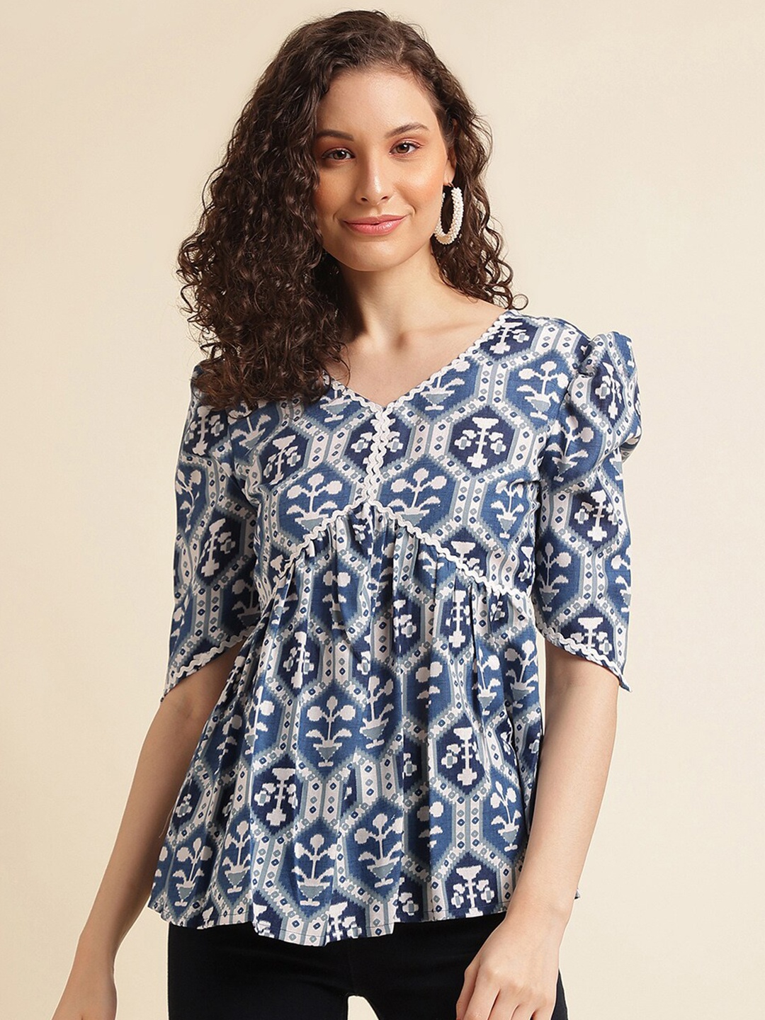 

NAINVISH Print Puff Sleeve Empire Top, Blue