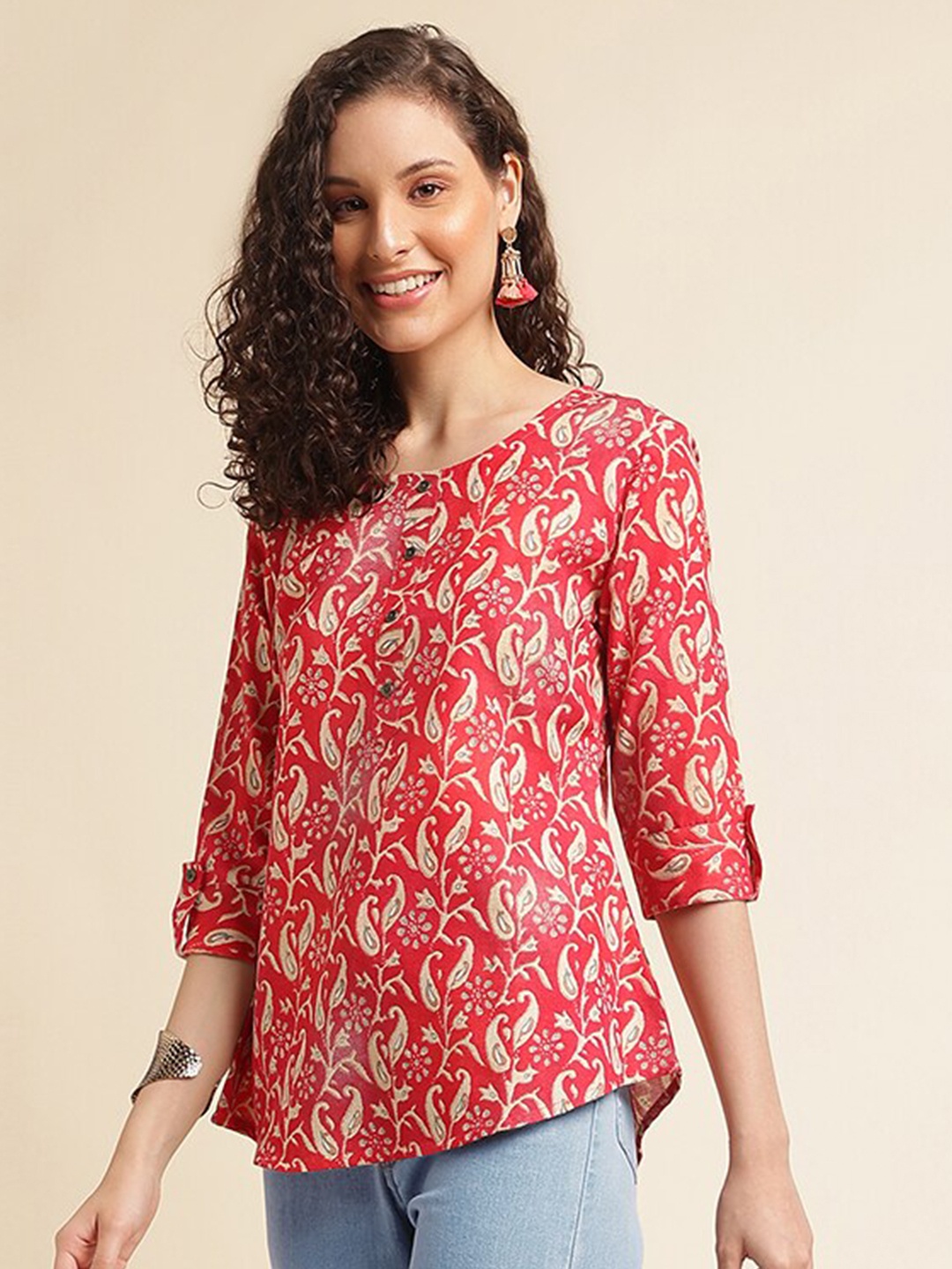 

NAINVISH Floral Printed Round Neck Shirt Style Top, Red