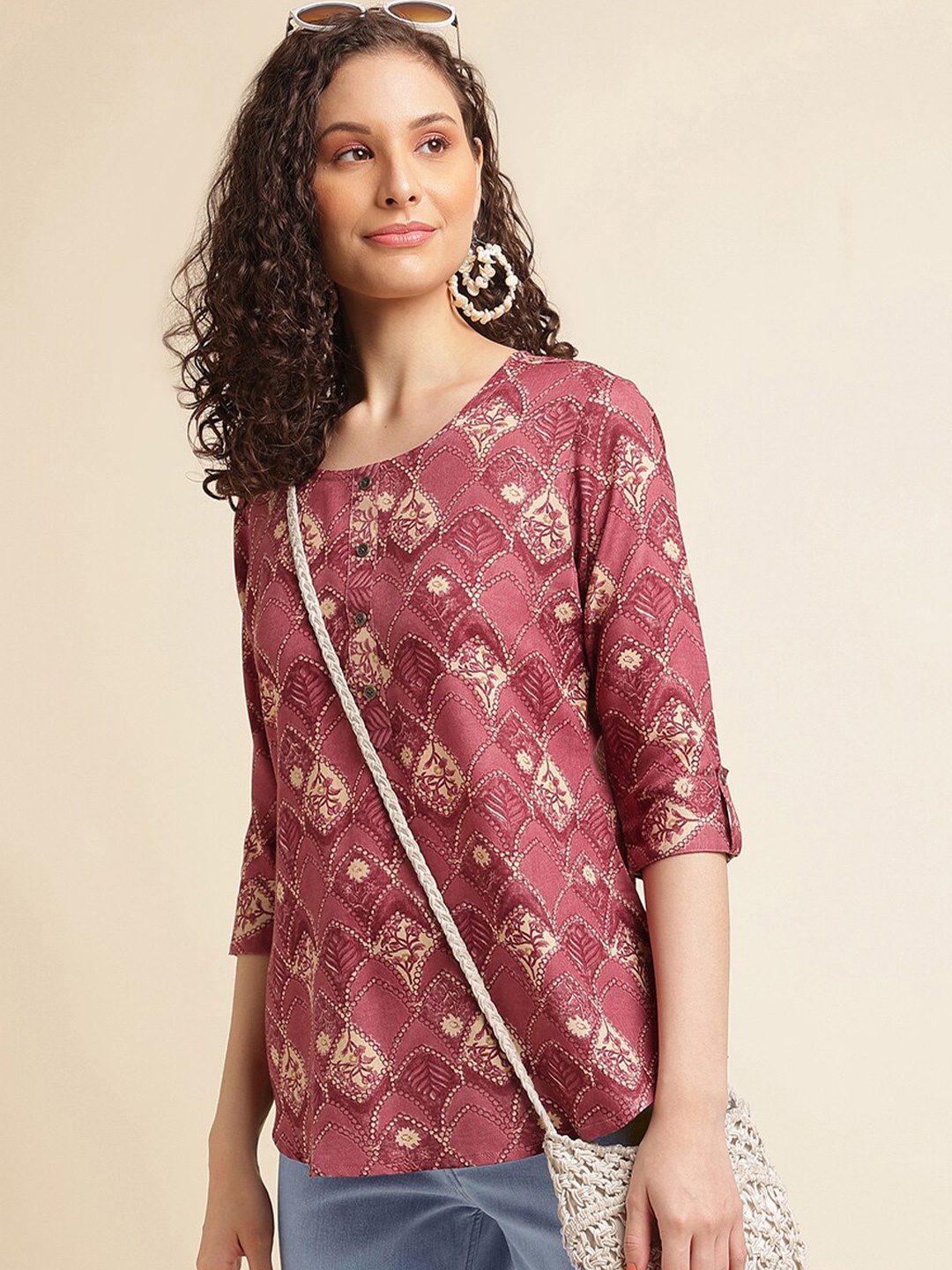 

NAINVISH Ethnic Motifs Printed Roll Up Sleeves Top, Burgundy