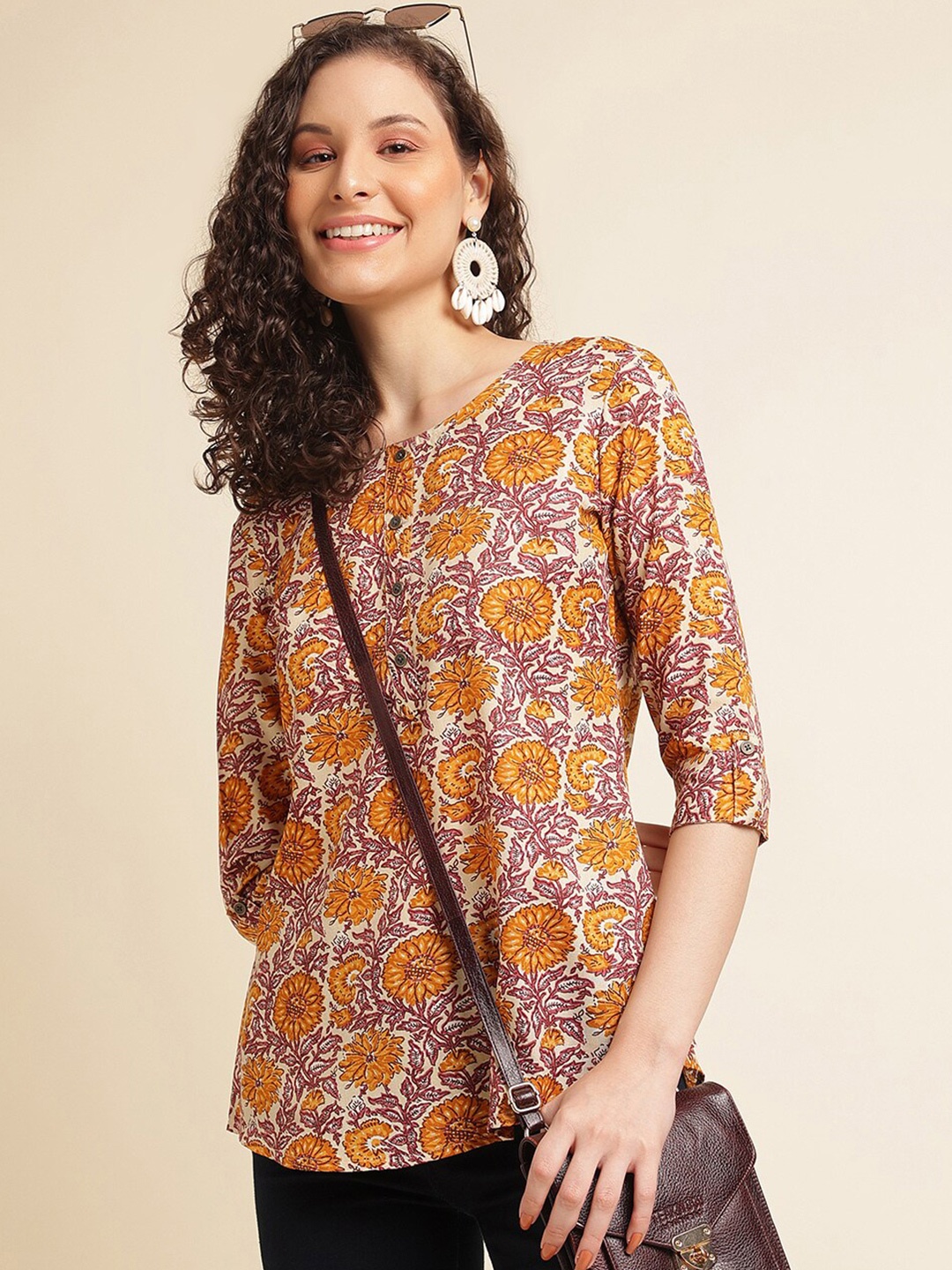 

NAINVISH Floral Printed Roll Up Sleeves Top, Yellow