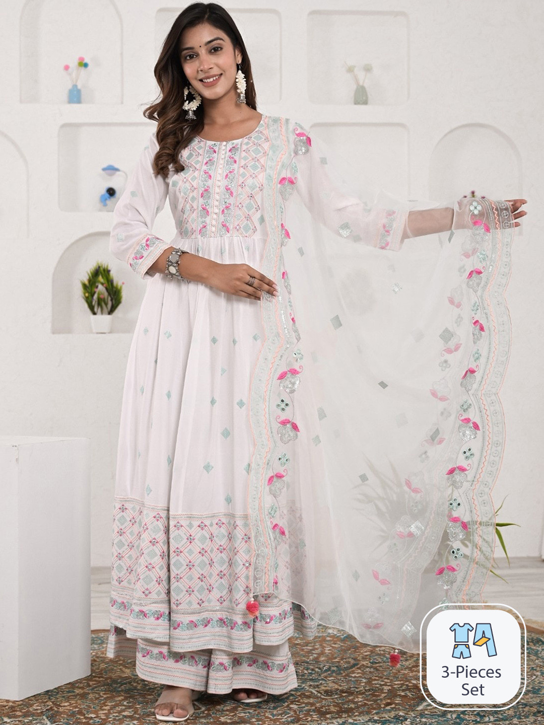 

Sangria Embroidered Anarkali Kurta With Palazzo & Dupatta, White