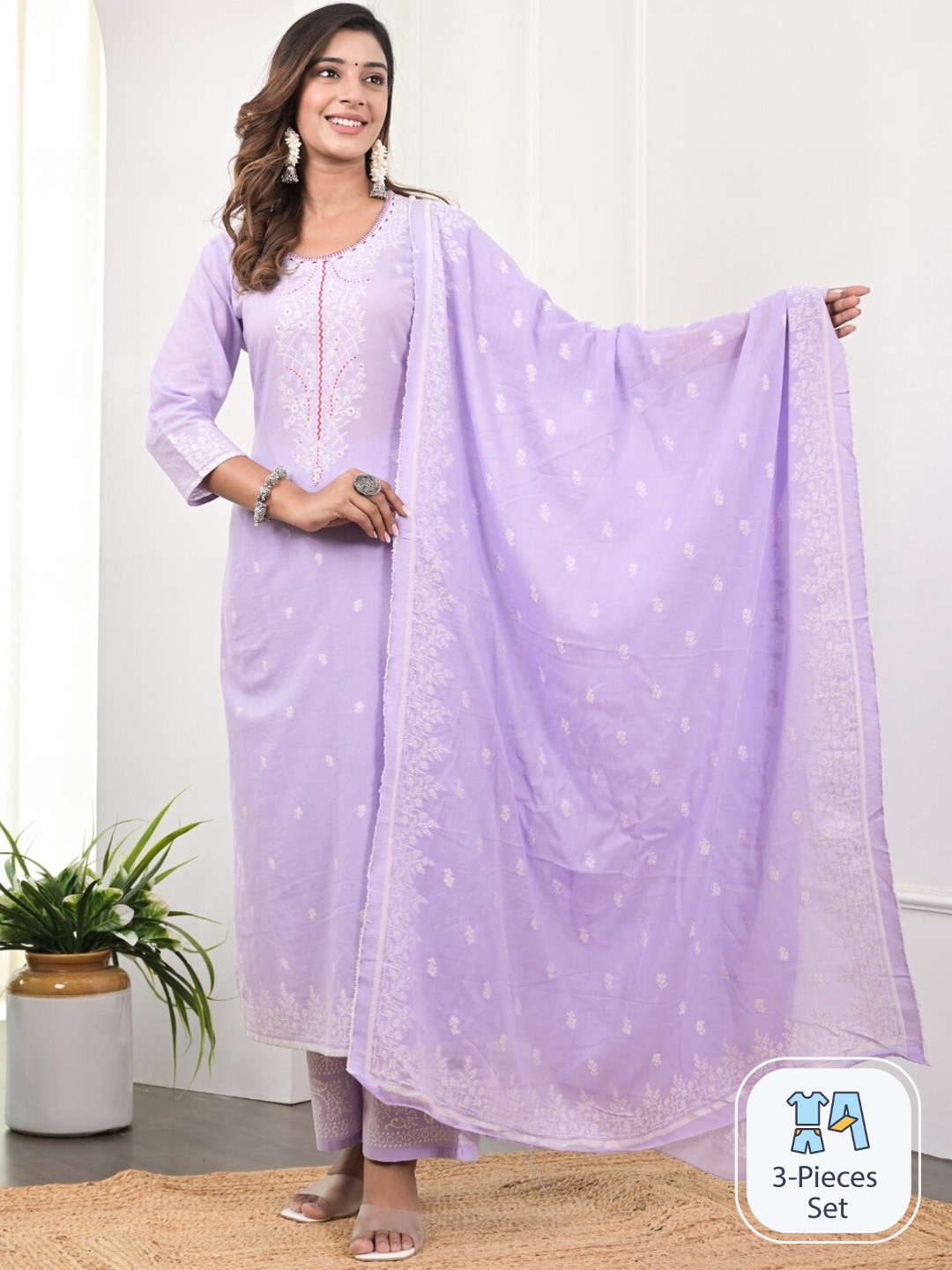 

Sangria Embellished Pure Cotton Straight Kurta With Palazzo & Dupatta, Lavender