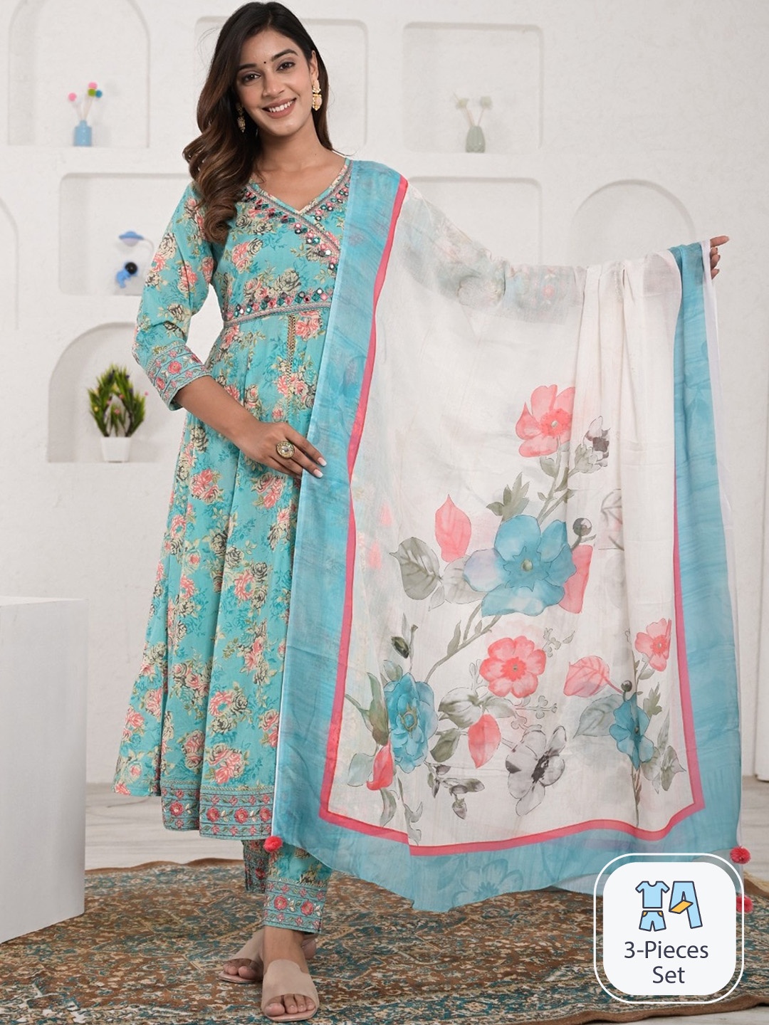 

Sangria Embroidered Pure Cotton Anarkali Kurta With Trouser & Dupatta, Green