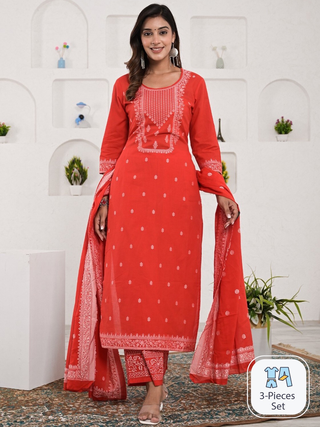 

Sangria Woven-Designed Straight Kurta With Palazzo & Dupatta, Red