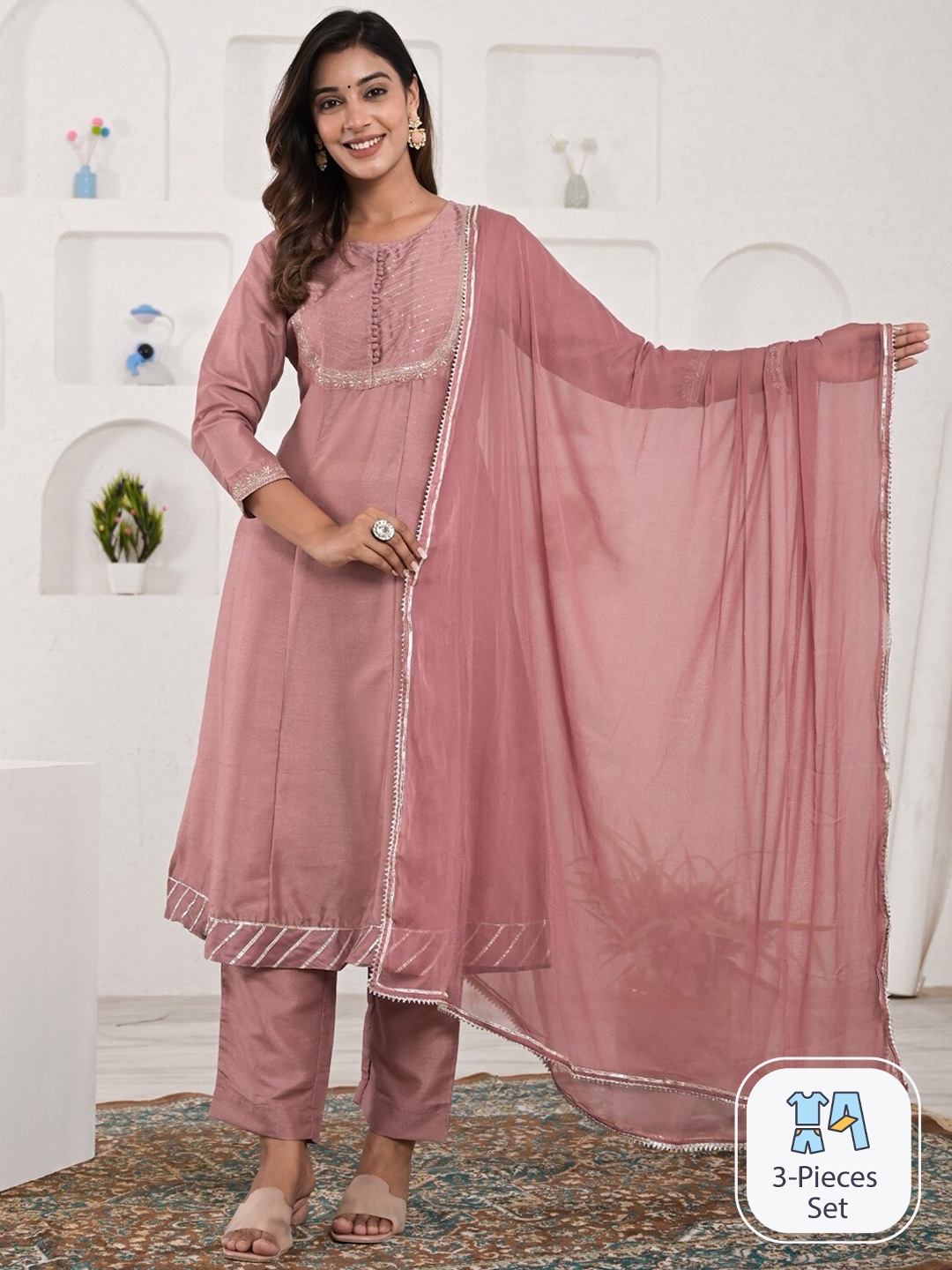 

Sangria Ethnic Motifs Yoke Design Sequinned Anarkali Kurta With Trouser & Dupatta, Mauve