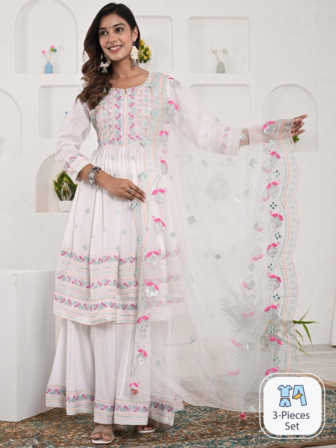 

Sangria Embroidered Kurta With Sharara & Dupatta, White