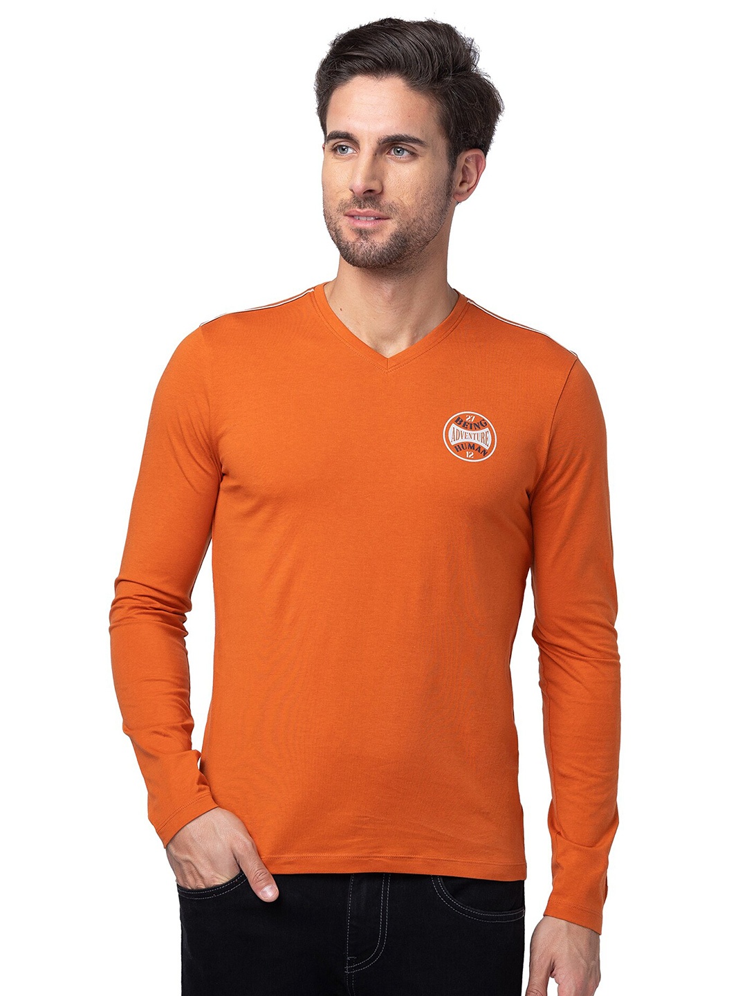 

Being Human V-Neck Cotton T-shirt, Orange