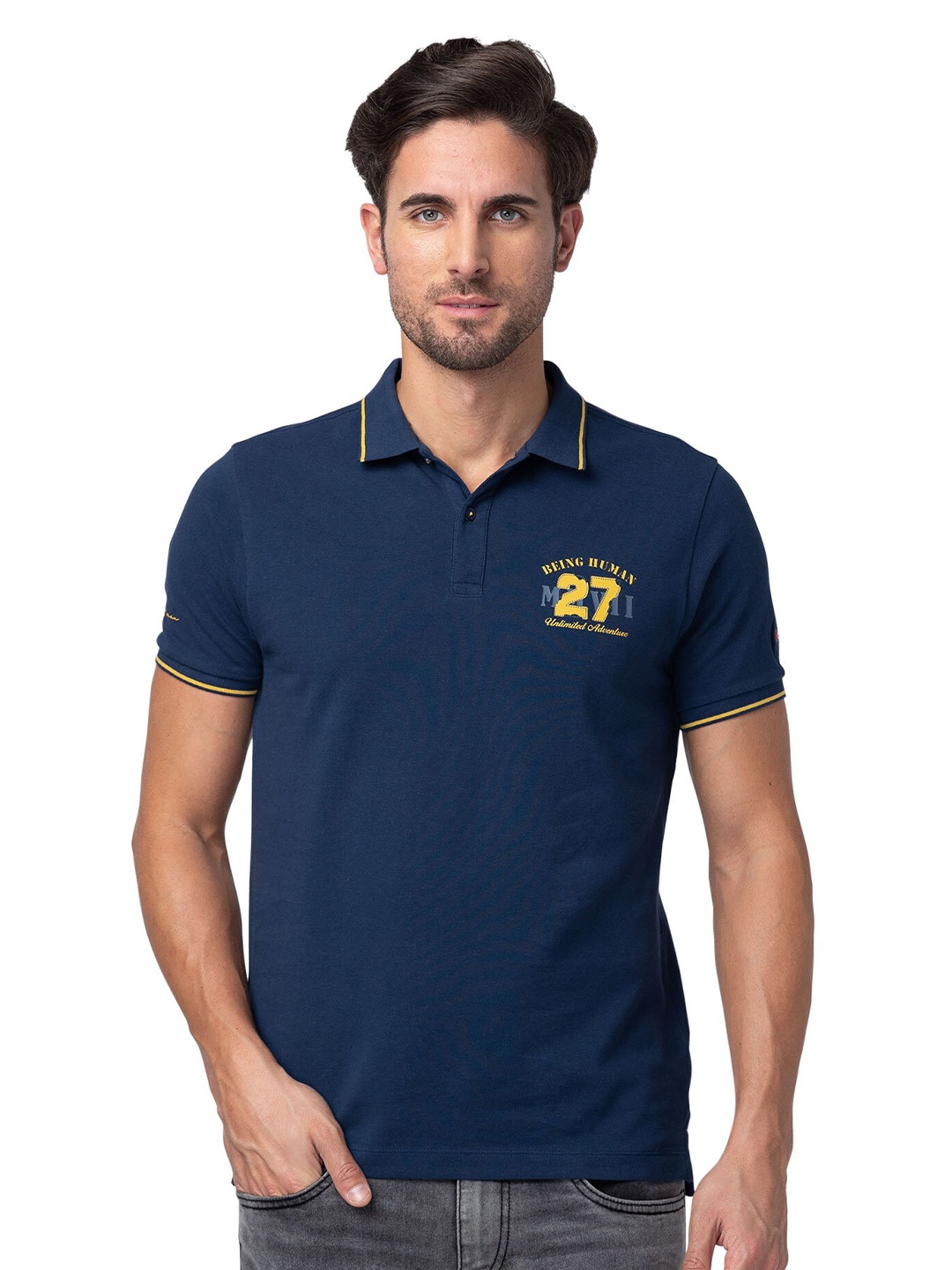 

Being Human Polo Collar Cotton Regular T-shirt, Blue