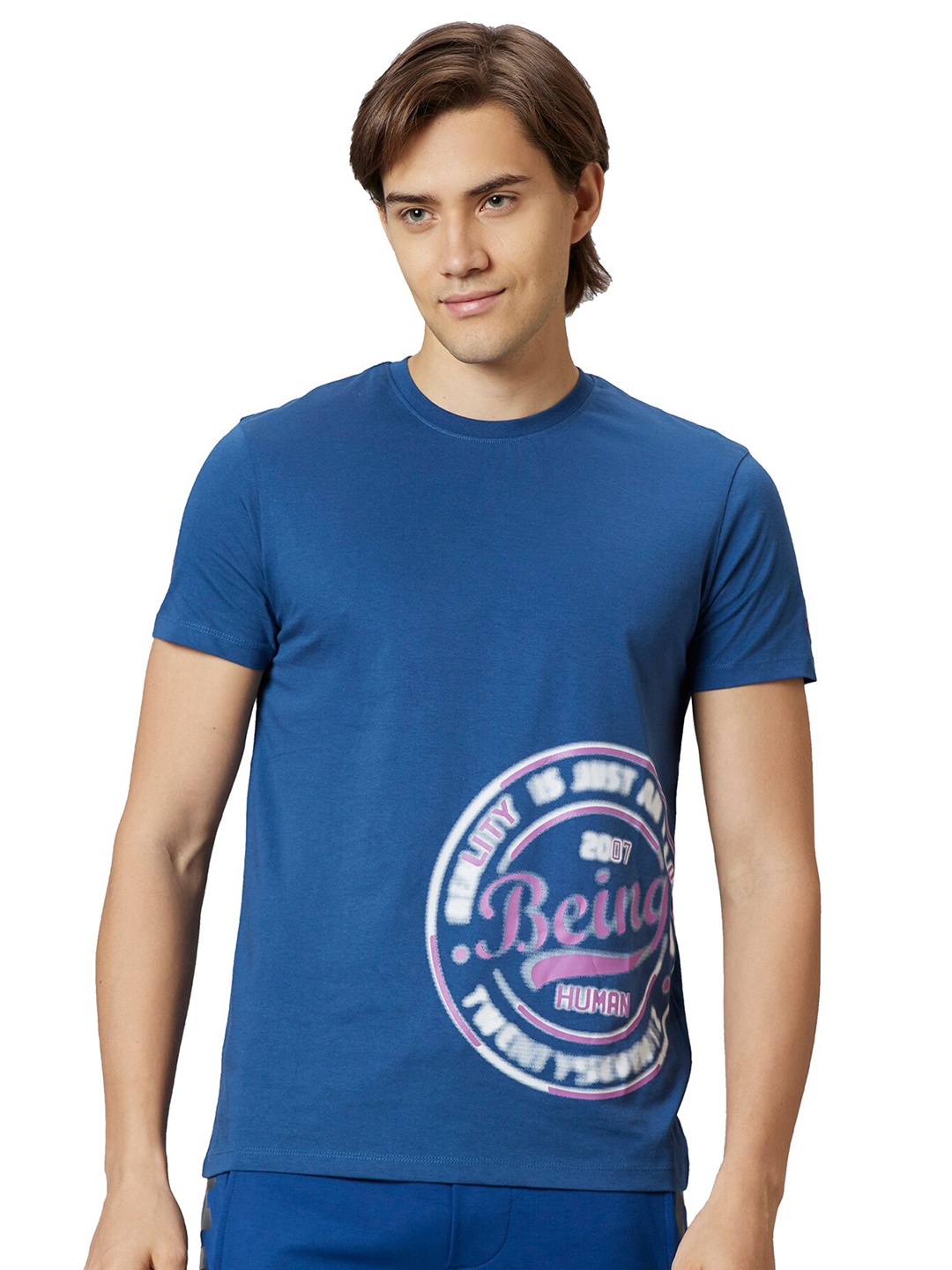 

Being Human Typography Printed Cotton T-shirt, Blue