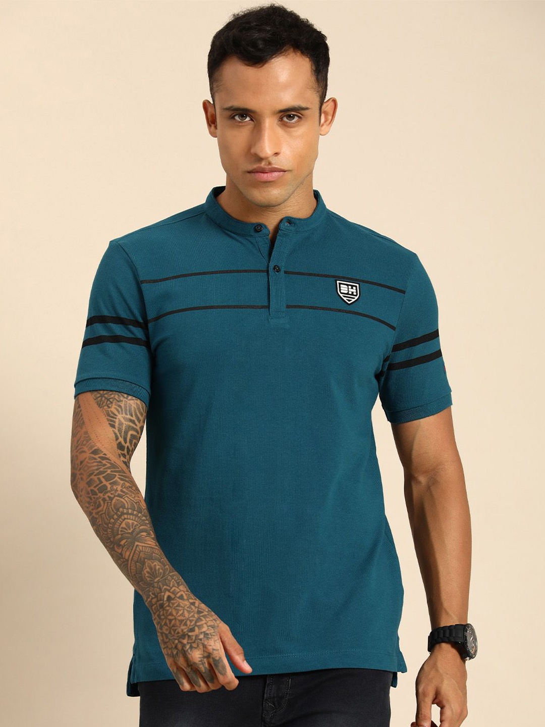 

Being Human Men Blue Typography Polo Collar Applique T-shirt
