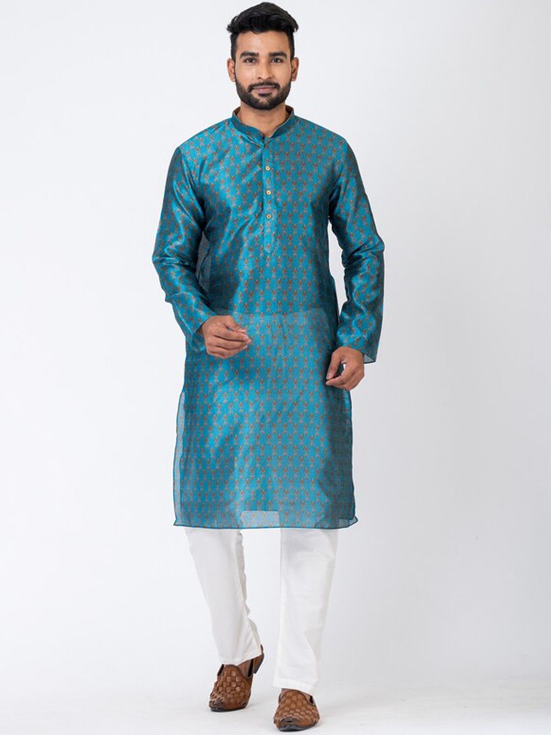 

HU - Handcrafted Uniquely Ethnic Motifs Printed Chanderi Silk Straight Kurta, Blue