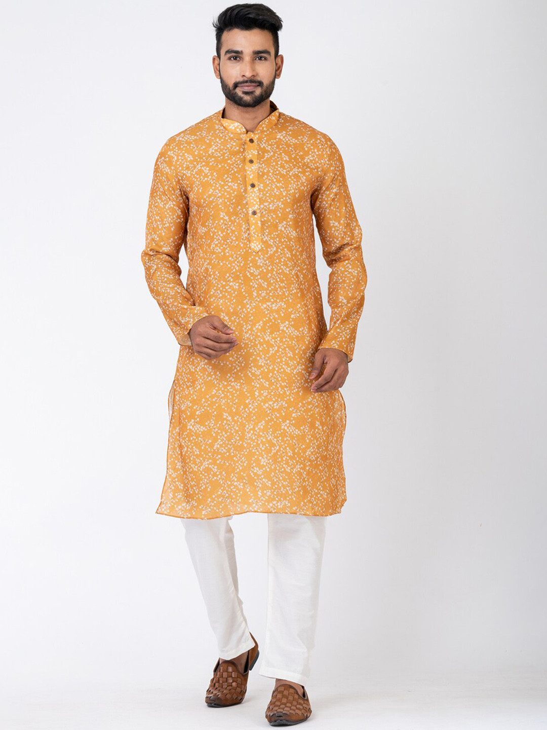 

HU - Handcrafted Uniquely Abstract Printed Mandarin Collar Chanderi Cotton Straight Kurta, Yellow