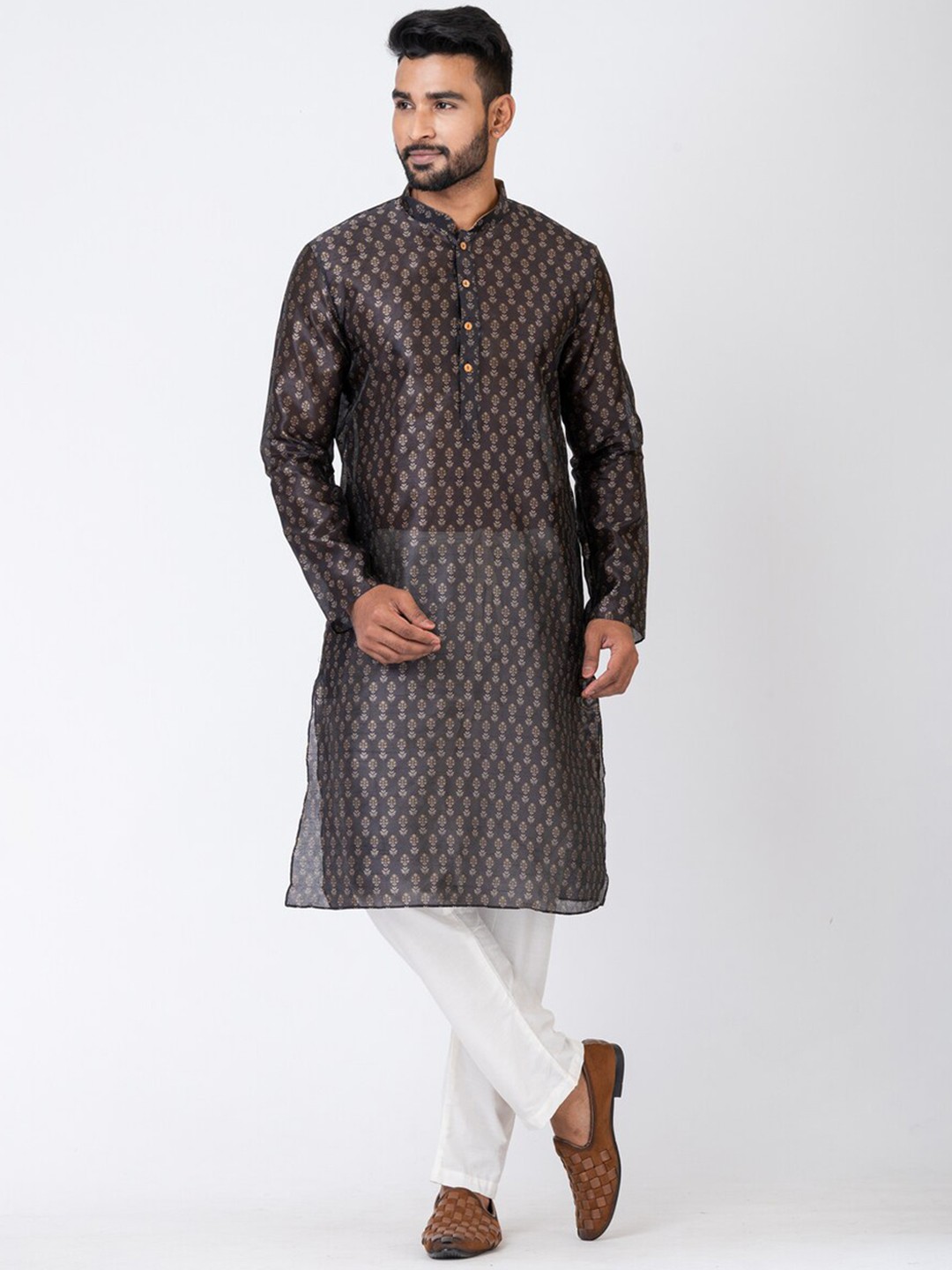 

HU - Handcrafted Uniquely Ethnic Motifs Printed Chanderi Silk Straight Kurta, Coffee brown