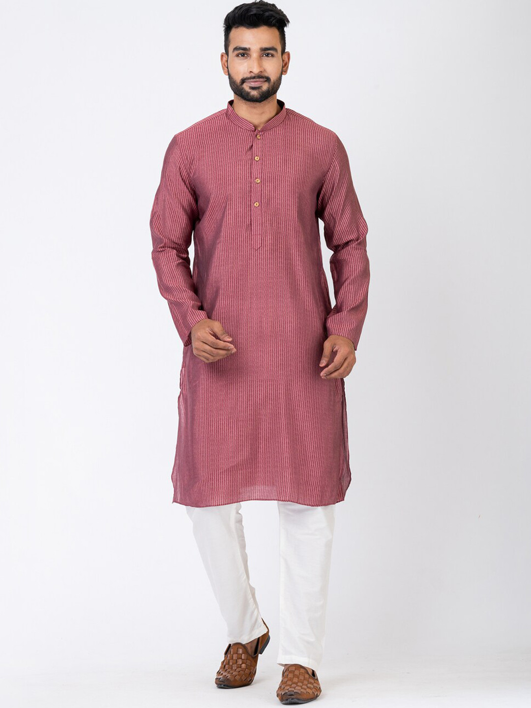 

HU - Handcrafted Uniquely Striped Mandarin Collar Pure Cotton Kurta, Maroon