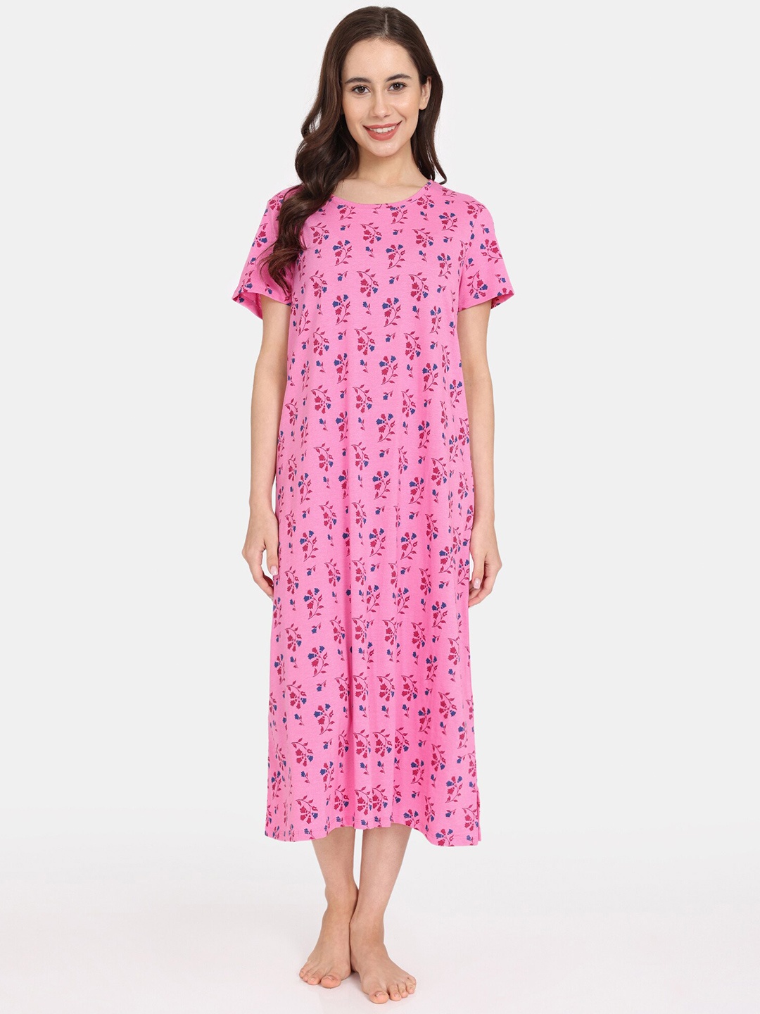 

Rosaline by Zivame Floral Printed Midi T-shirt Nightdress, Pink