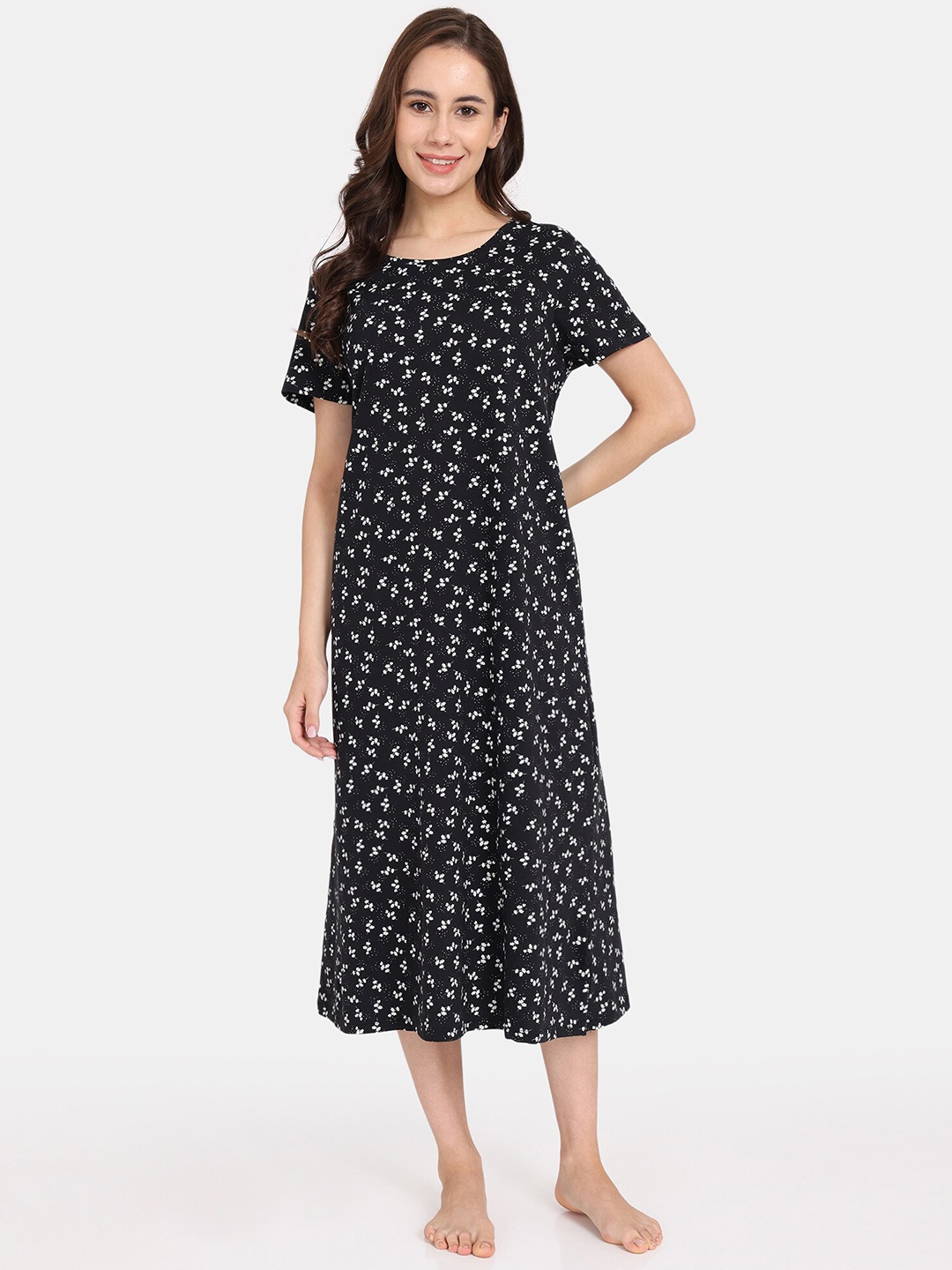 

Rosaline by Zivame Floral Printed T-shirt Nightdress, Black