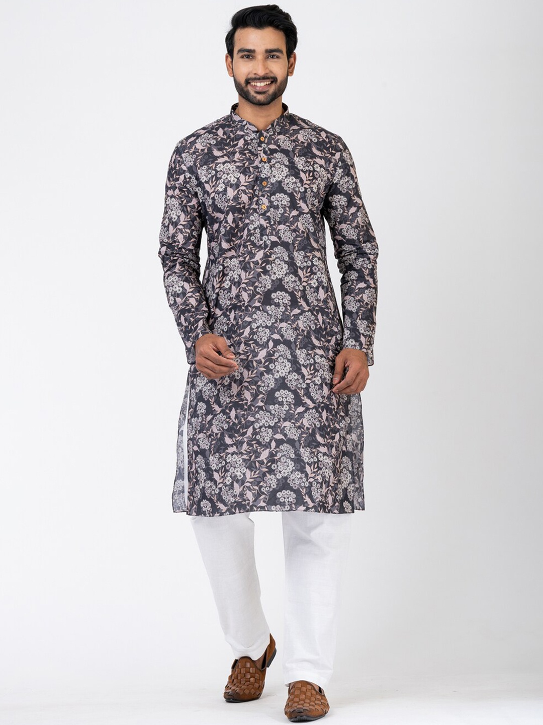 

HU - Handcrafted Uniquely Floral Printed Mandarin Collar Pure Cotton Straight Kurta, Grey