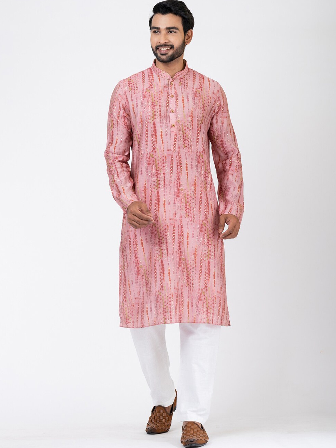 

HU - Handcrafted Uniquely Tie-Dye Printed Mandarin Collar Straight Kurta, Red