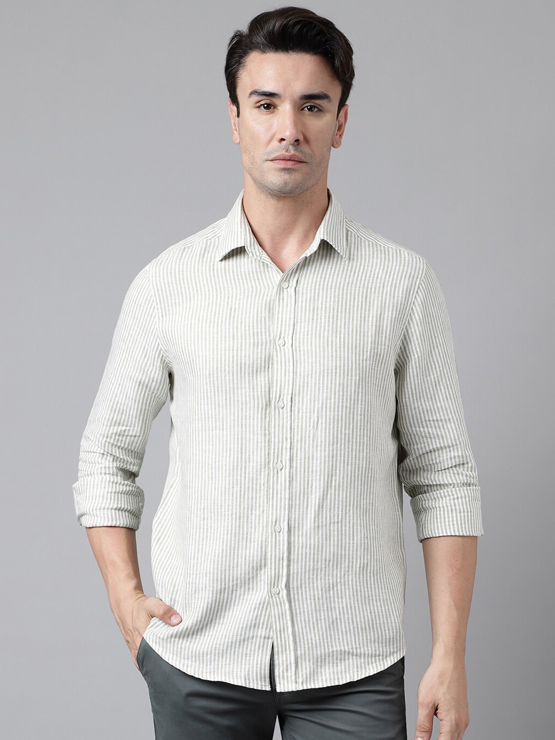 

Woods Vertical Striped Linen Casual Shirt, Green