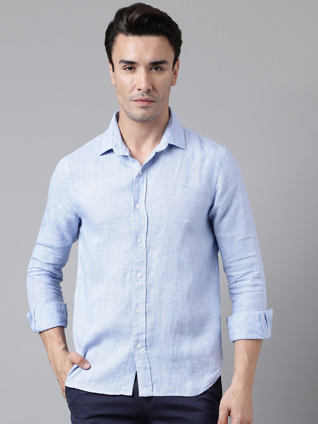 

Woods Micro Ditsy Checked Linen Casual Shirt, Blue