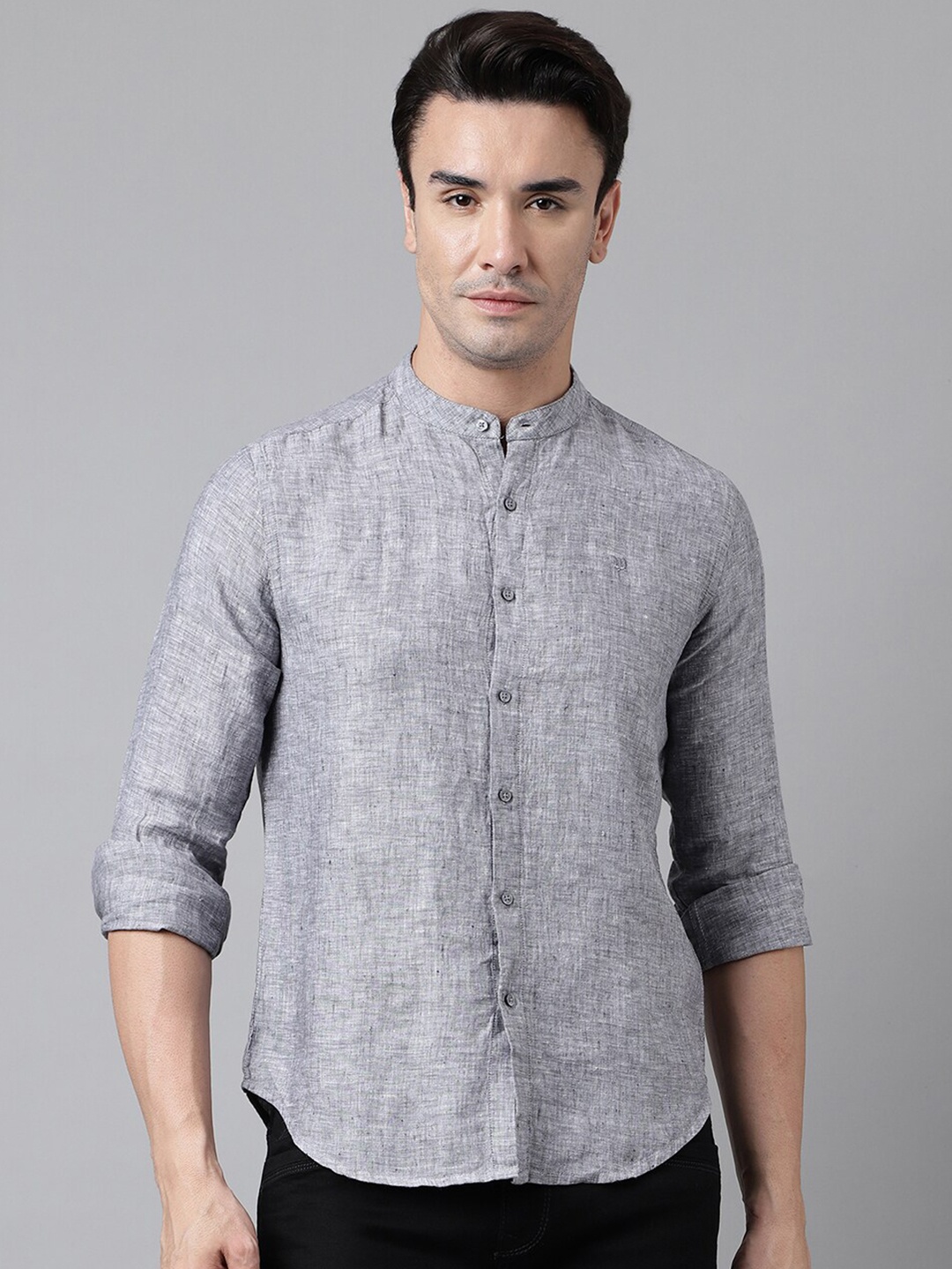 

Woods Band Collar Linen Casual Shirt, Grey