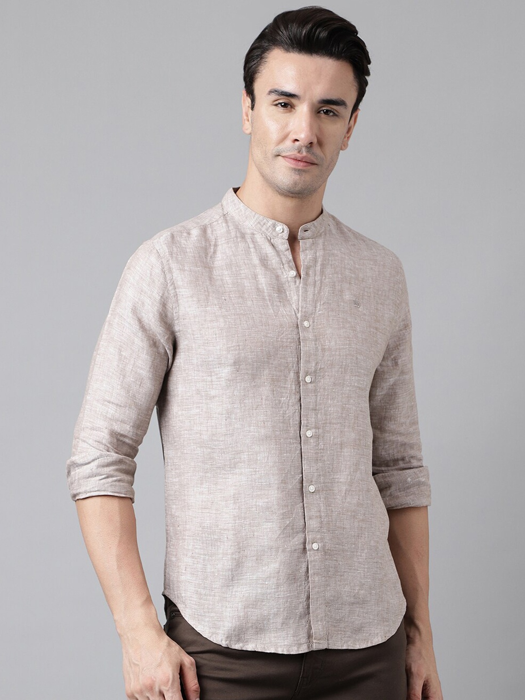 

Woods Band Collar Linen Casual Shirt, Beige