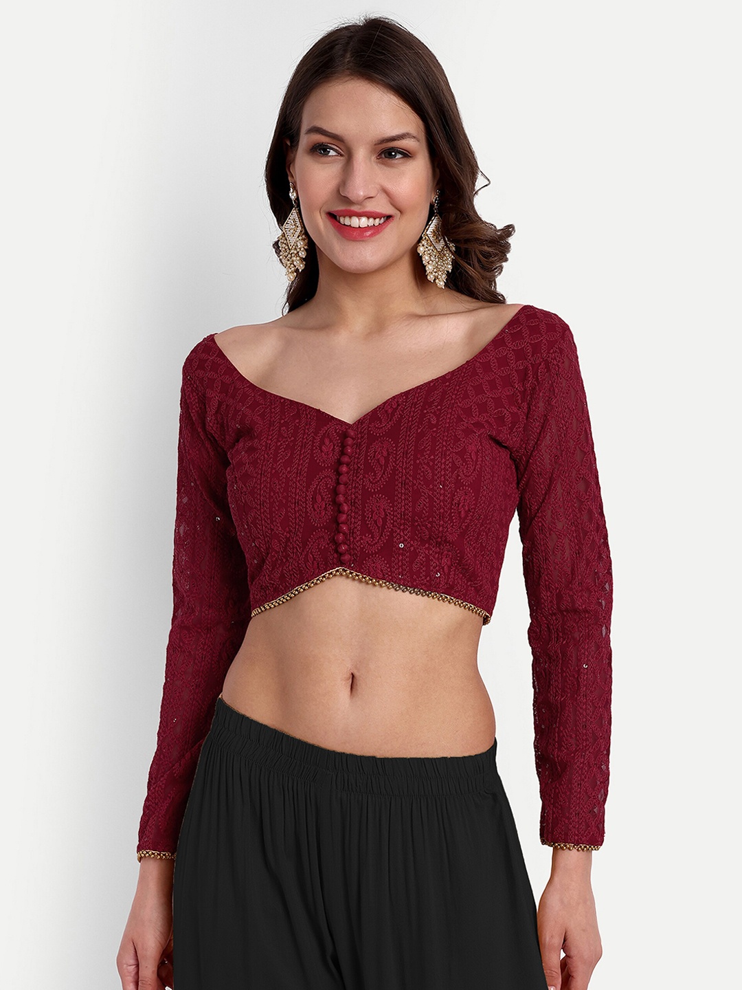 

SAZRIKA Paisley Embroidered Sequinned Georgette Saree Blouse, Maroon