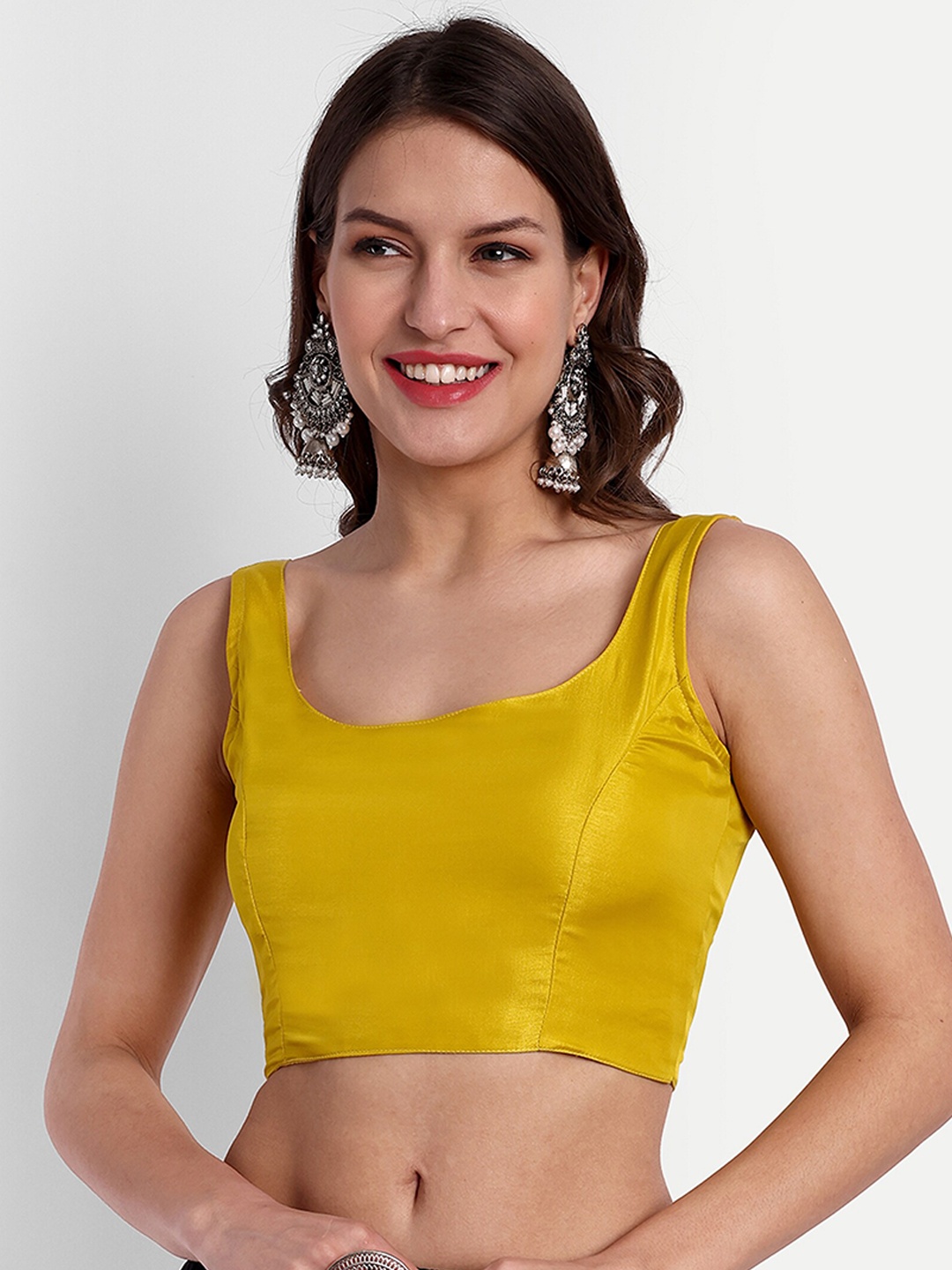 

SAZRIKA Malbari Round Neck Silk Saree Blouse, Mustard