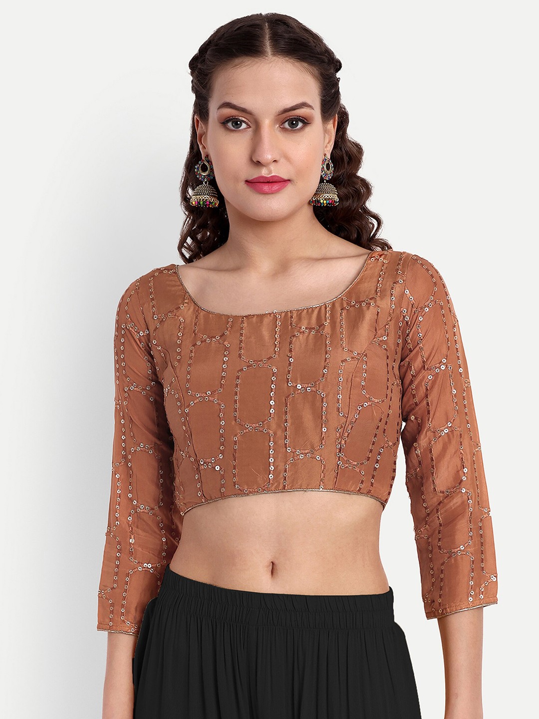 

SAZRIKA Embroidered Sequinned Silk Saree Blouse, Brown