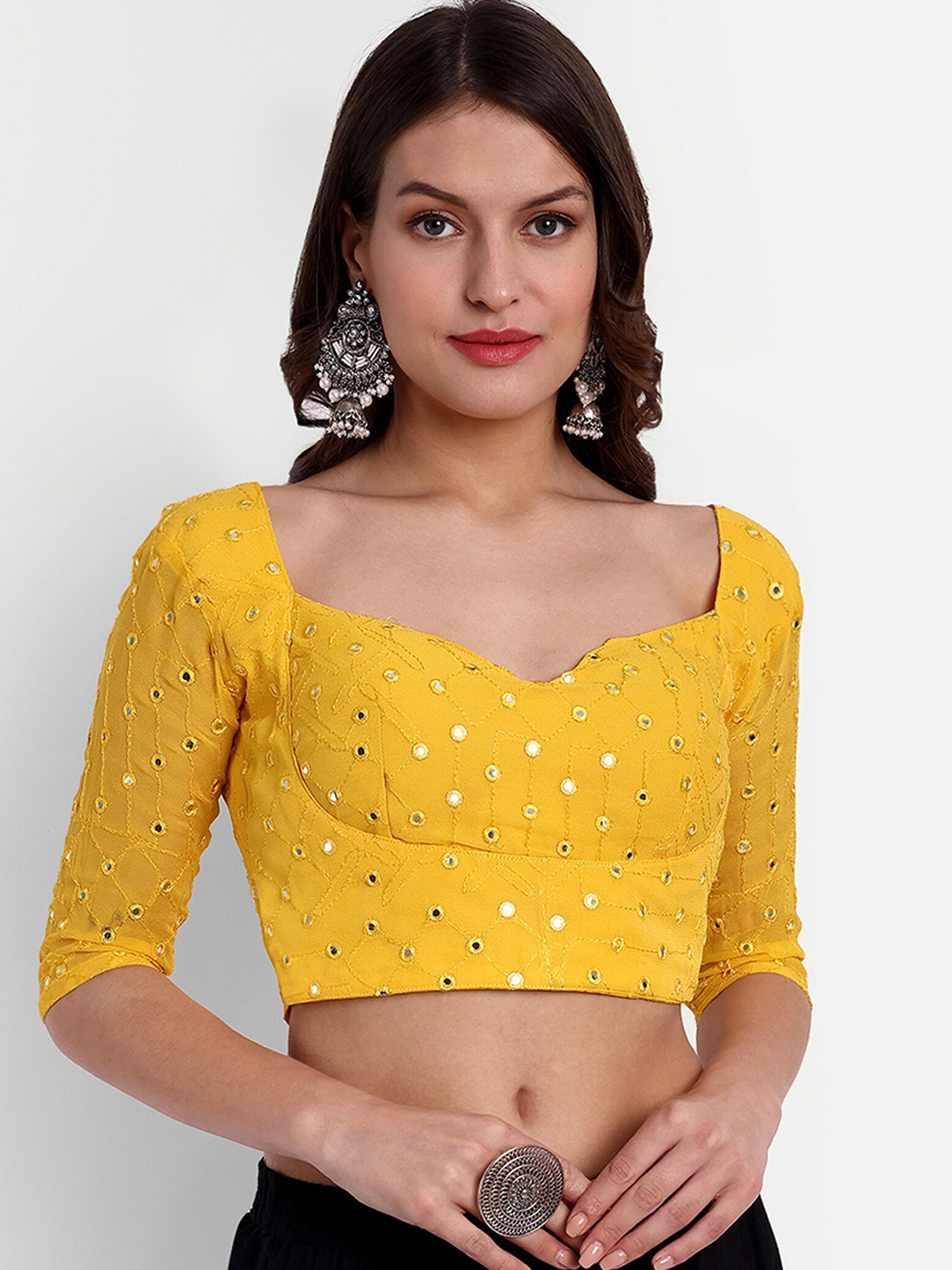 

SAZRIKA Mirror Work Embellished Georgette Saree Blouse, Mustard