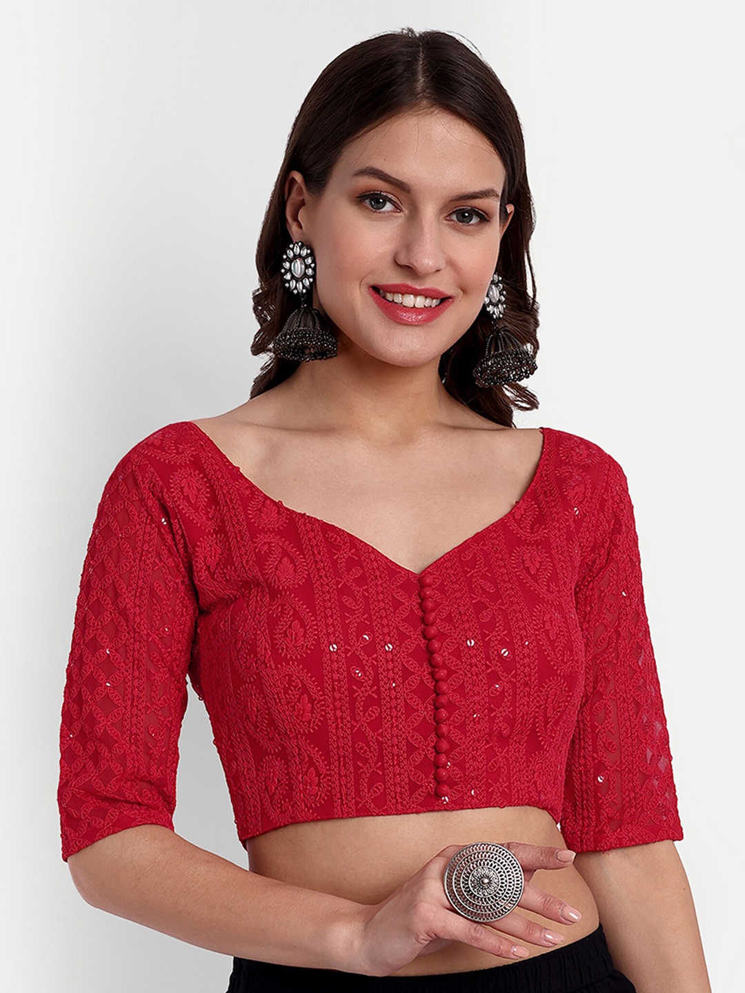 

SAZRIKA Paisely Embroidered Sweetheart Neck Georgette Saree Blouse, Red
