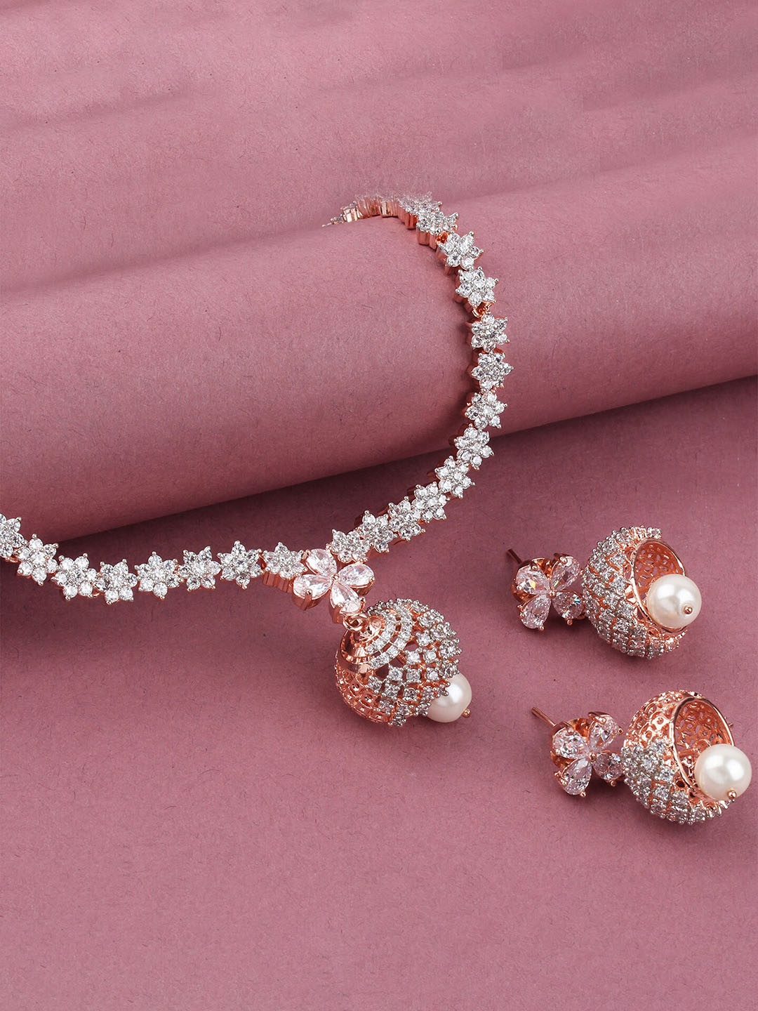 

Mirana Rose Gold Plated American Diamond-Studded Jhumka Style Jewellery Set